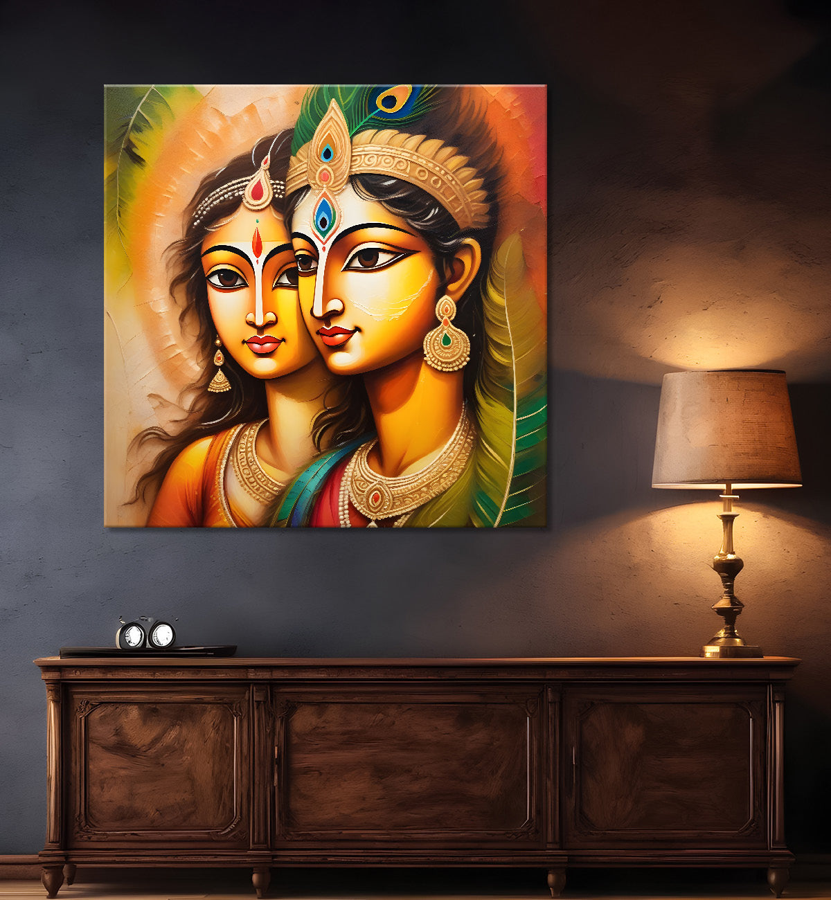 Krishna with radha in colourful oil painting Canvas Painting 24X24- Design - Krishna-S-16