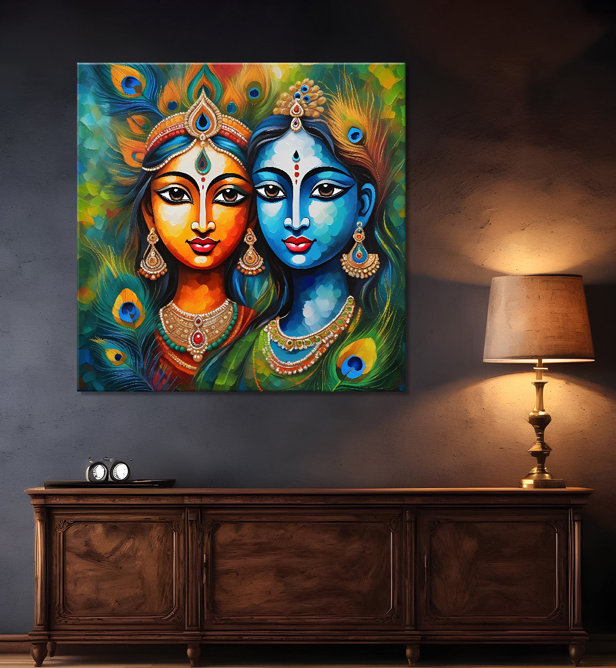 Blue face of krishna and radha with peacock feathers oil painting Canvas Painting 24X24- Design - Krishna-S-17