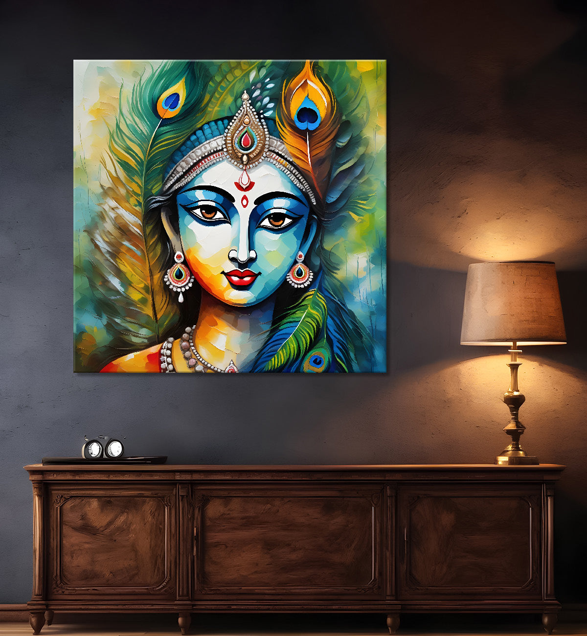 Blue face of krishna with peacock feathers oil painting Canvas Painting 24X24- Design - Krishna-S-18