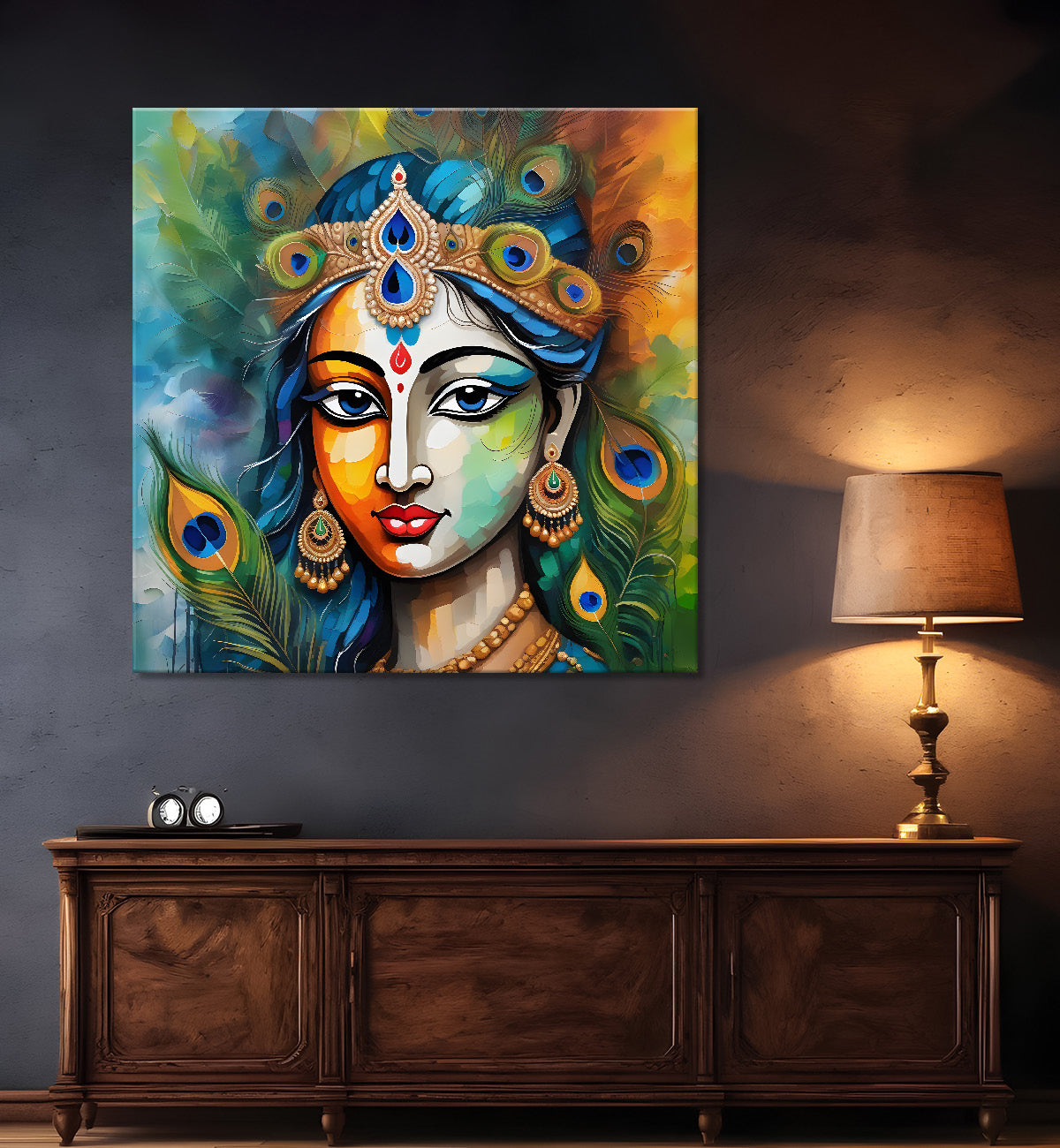 Radha with peacock feathers oil painting Canvas Painting 24X24- Design - Krishna-S-19