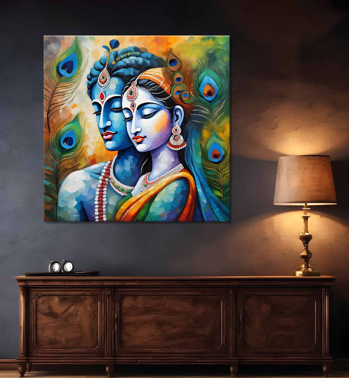 Blue face of krishna and radha with peacock feathers oil painting Canvas Painting 24X24- Design - Krishna-S-20