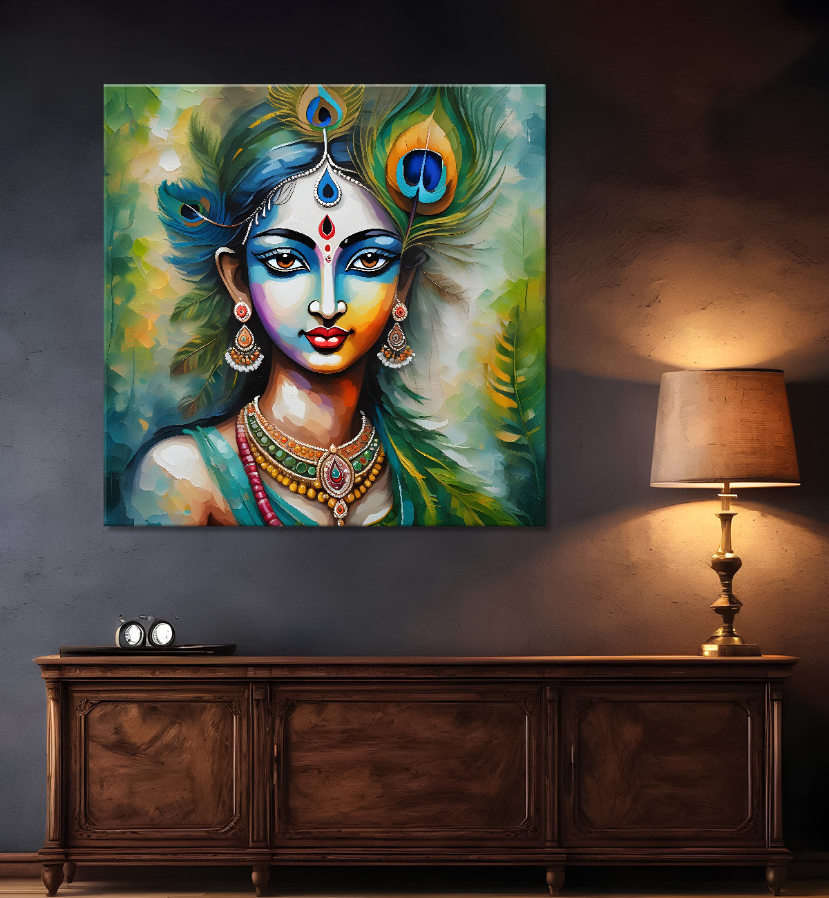 Blue face of krishna with blue background oil painting Canvas Painting 24X24- Design - Krishna-S-21