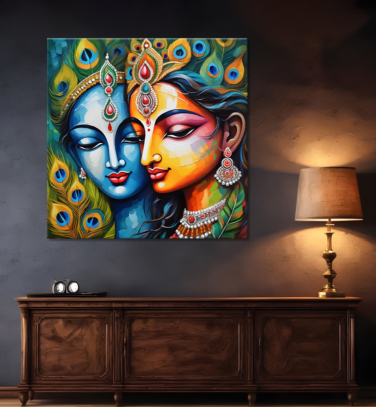 Blue face of krishna and radha with peacock feathers oil painting Canvas Painting 24X24- Design - Krishna-S-22