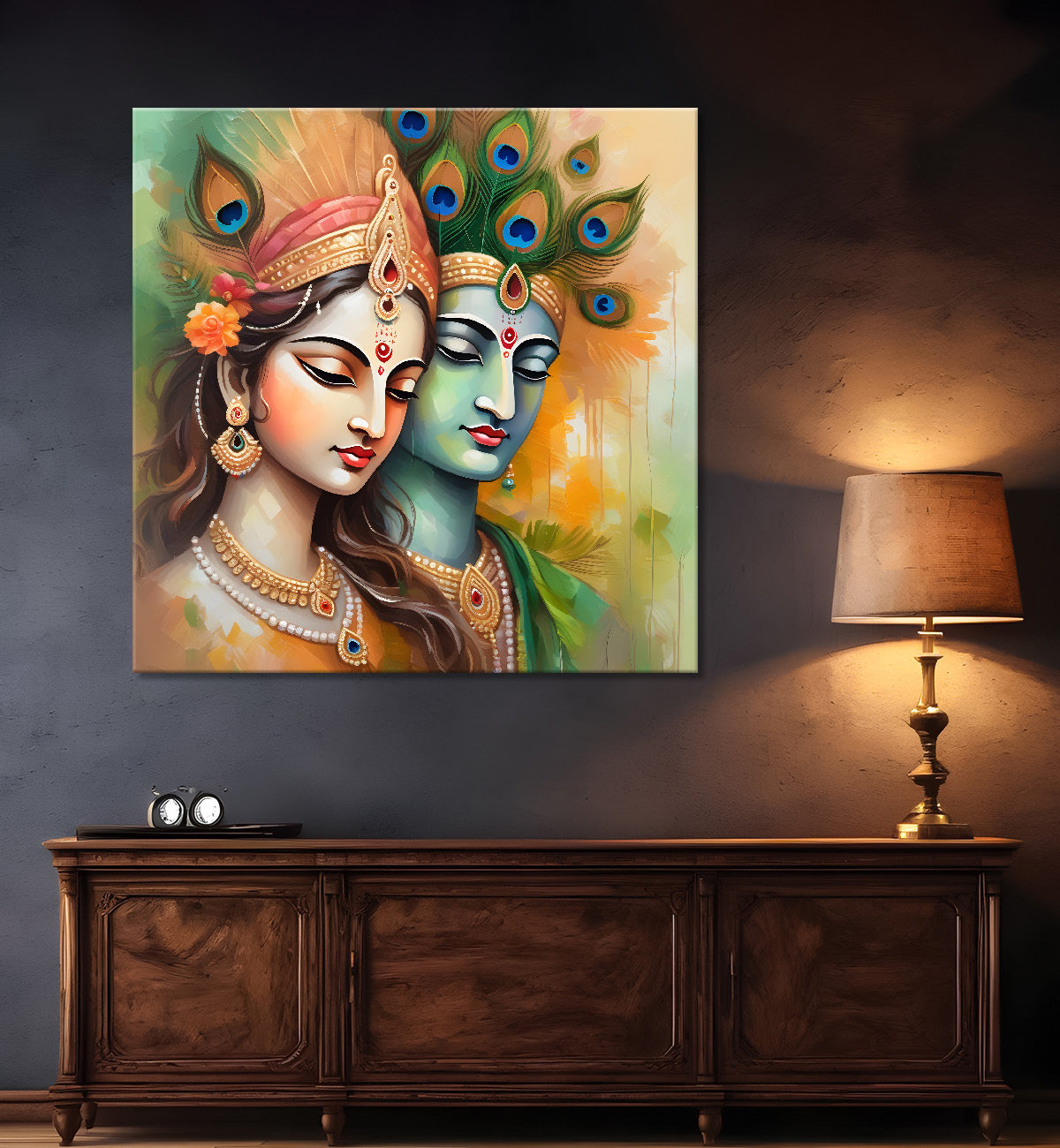 Krishna and radha with light textured oil painting Canvas Painting 24X24- Design - Krishna-S-23