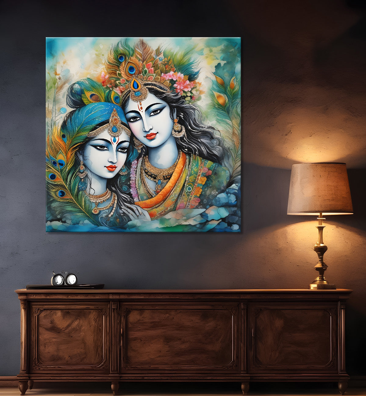 Blue face of krishna with radha in oil painting Canvas Painting 24X24- Design - Krishna-S-27