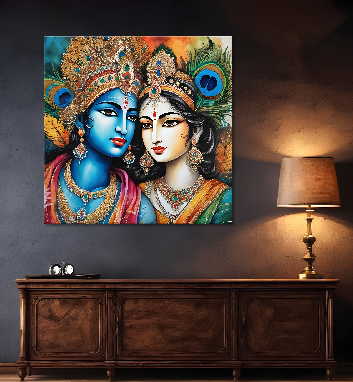 Blue face of krishna with radha in oil painting Canvas Painting 24X24- Design - Krishna-S-28