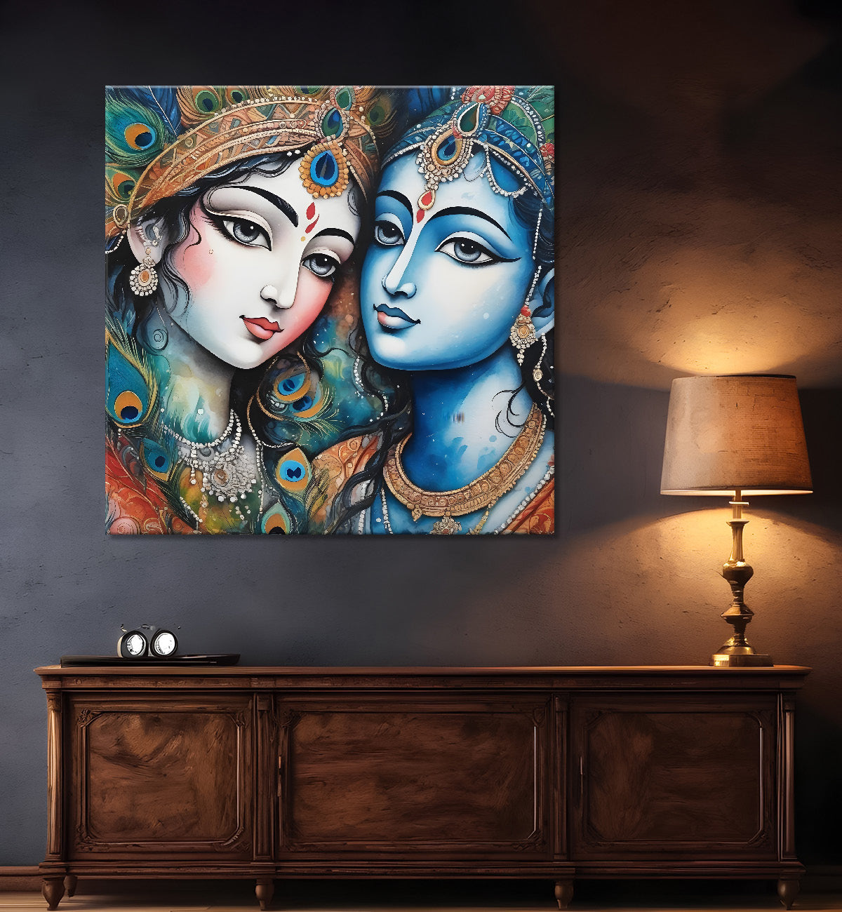 Blue face of krishna with radha in oil painting Canvas Painting 24X24- Design - Krishna-S-29