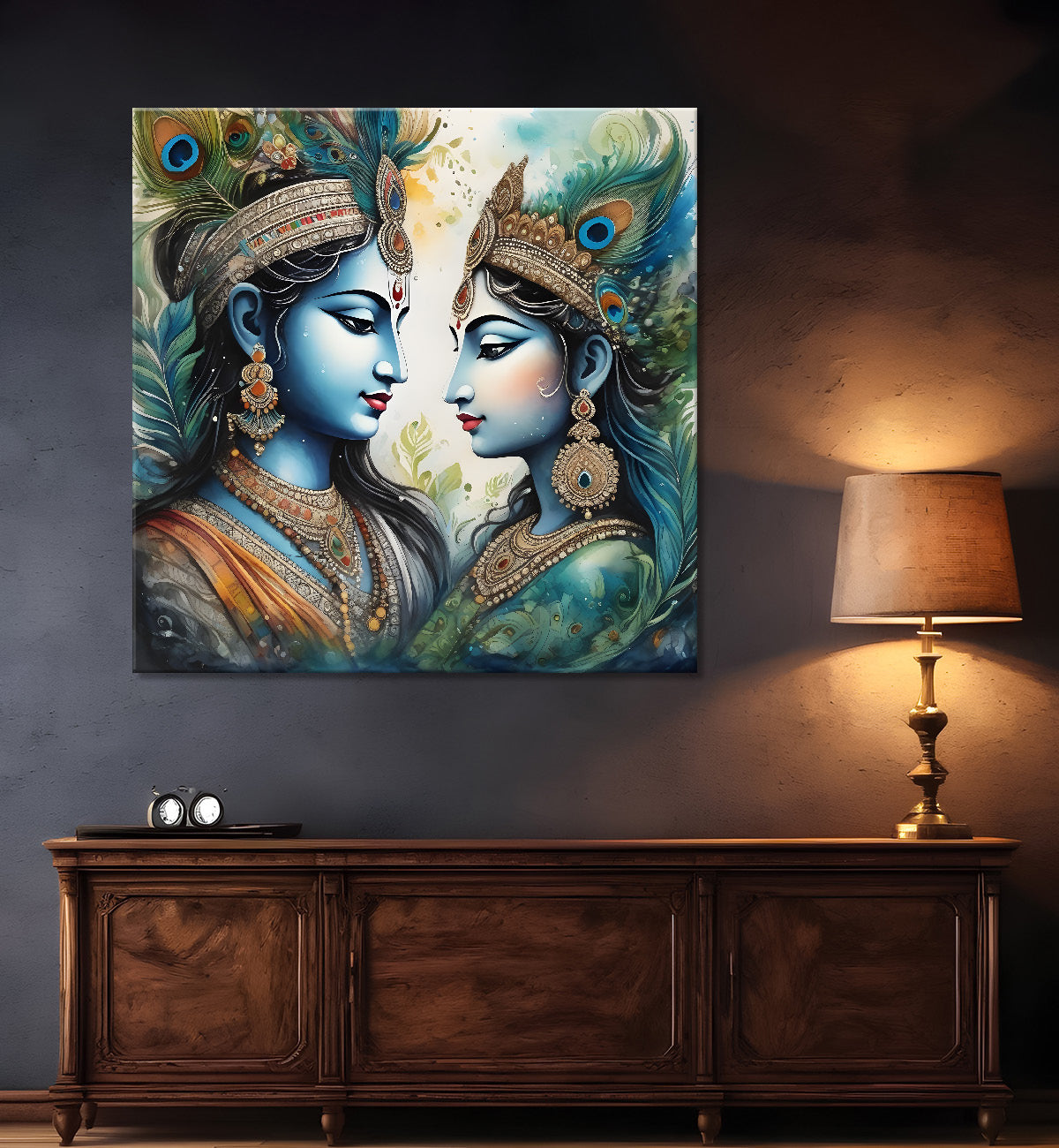 Blue face of krishna with radha in oil painting Canvas Painting 24X24- Design - Krishna-S-30