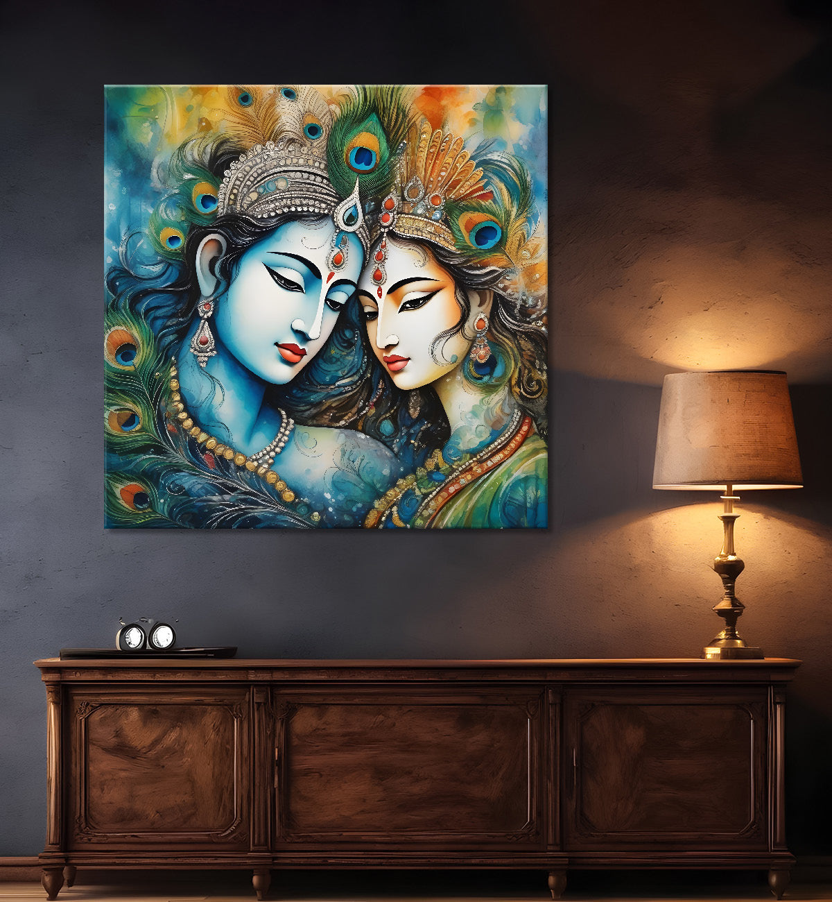 Blue face of krishna with radha in oil painting Canvas Painting 24X24- Design - Krishna-S-31