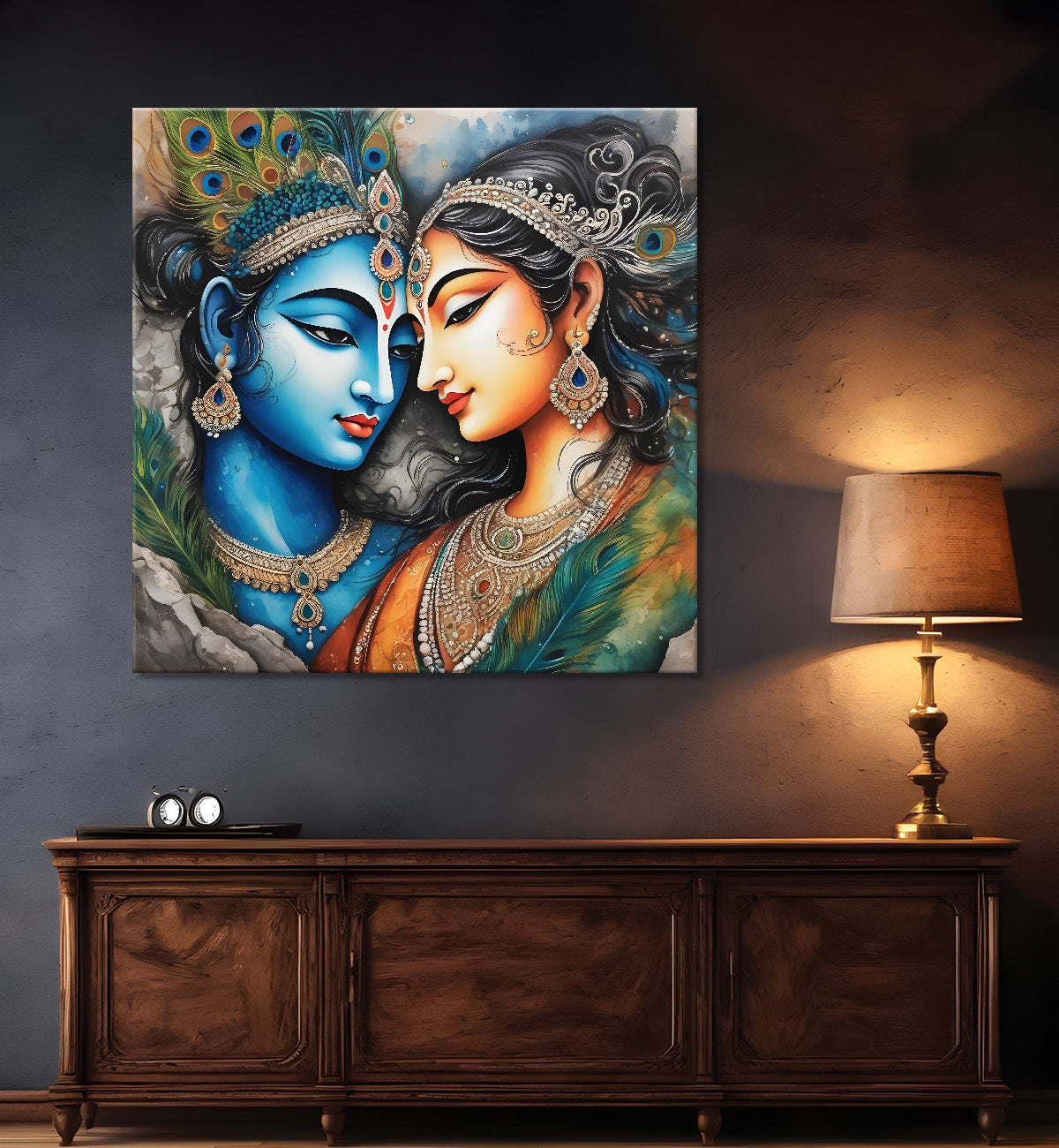 Blue face of krishna with radha in oil painting Canvas Painting 24X24- Design - Krishna-S-32