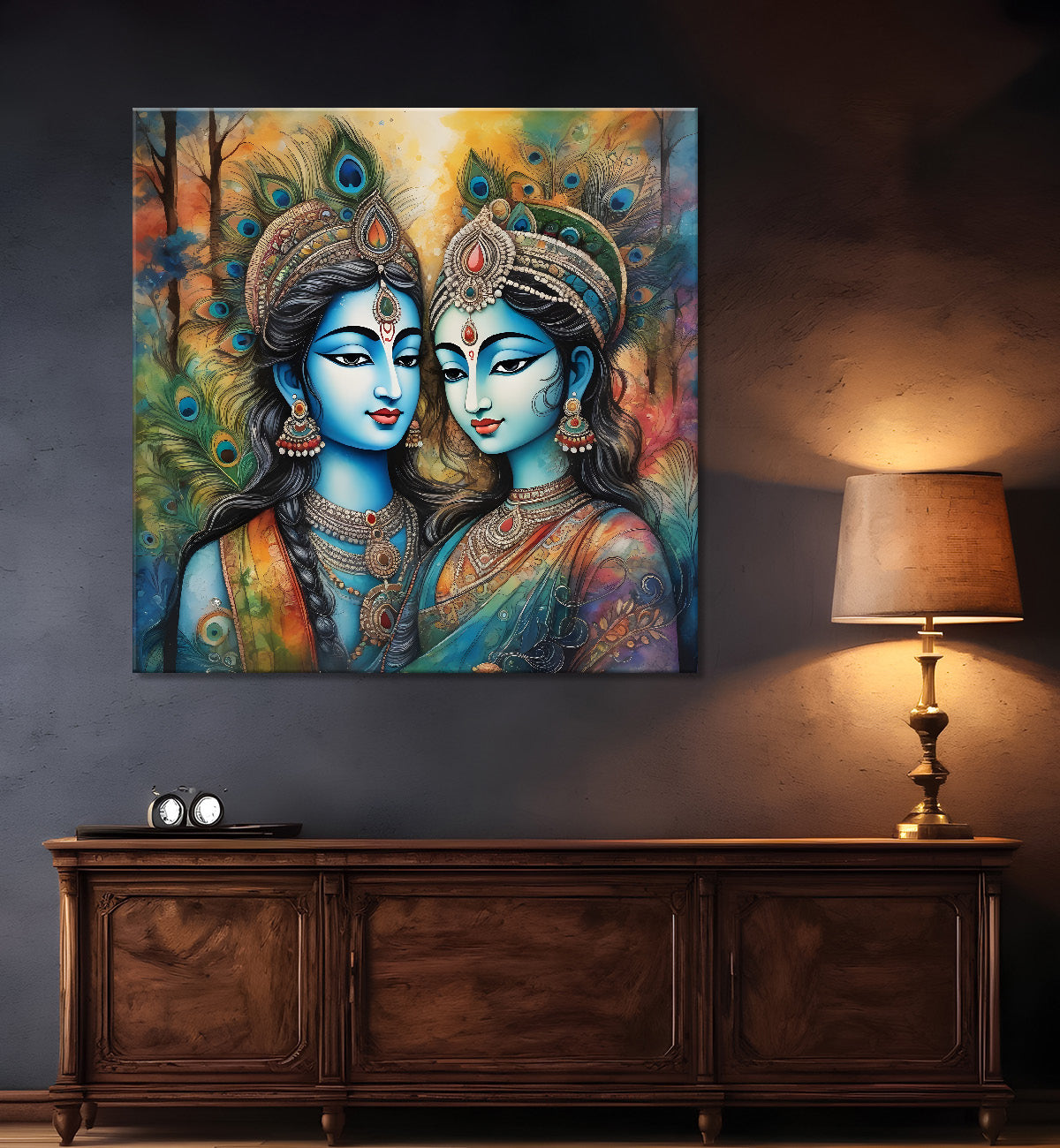 Blue face of krishna with radha in oil painting Canvas Painting 24X24- Design - Krishna-S-33