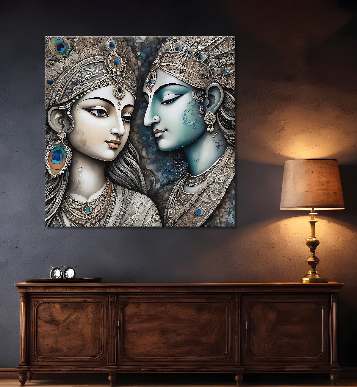 Krishna and radha with grey and bown textured oil painting Canvas Painting 24X24- Design - Krishna-S-37