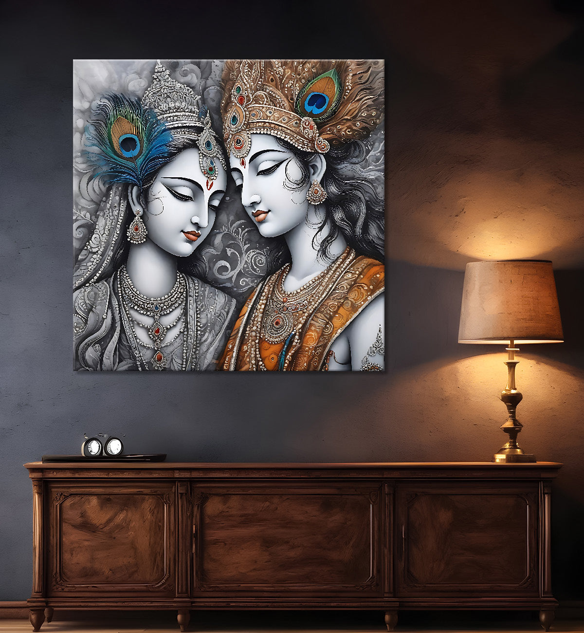 Krishna and radha with grey and bown textured oil painting Canvas Painting 24X24- Design - Krishna-S-38