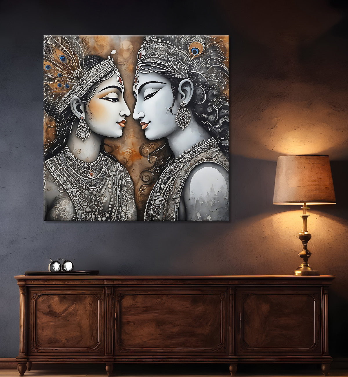 Krishna and radha with grey and bown textured oil painting Canvas Painting 24X24- Design - Krishna-S-40