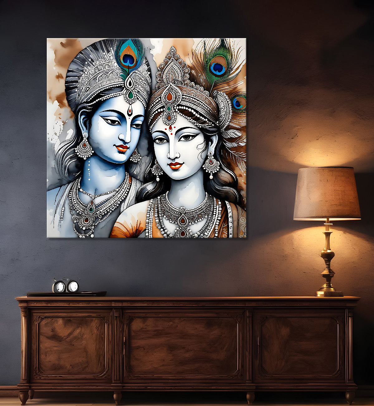 Krishna and radha with grey and bown textured oil painting Canvas Painting 24X24- Design - Krishna-S-41