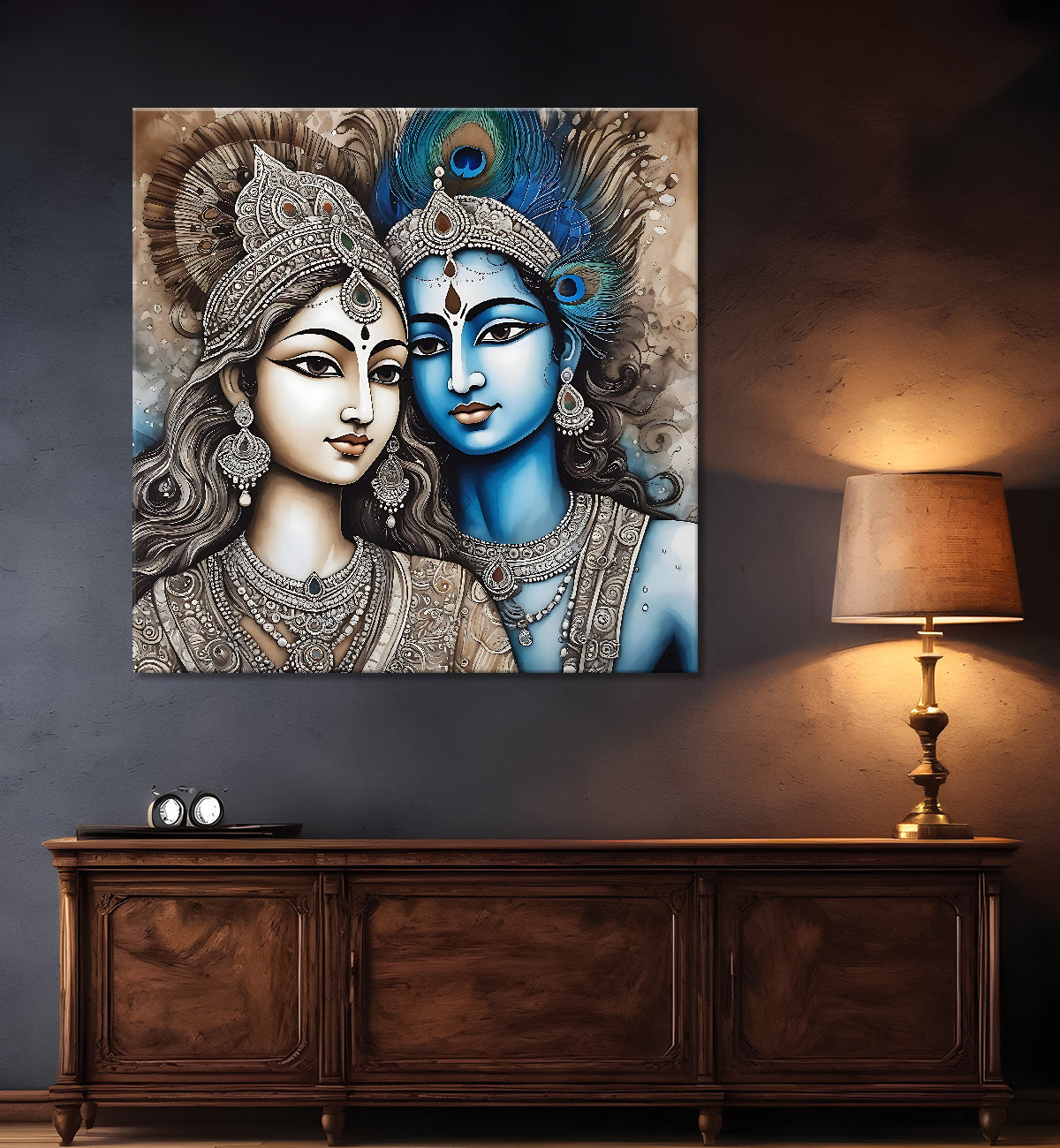 Krishna and Radha with grey and brown textured oil Canvas Painting 24X24- Design - Krishna-S-42