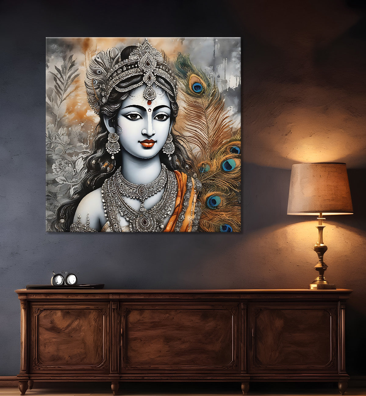 Krishna with grey and brown textured oil  Canvas Painting 24X24- Design - Krishna-S-43