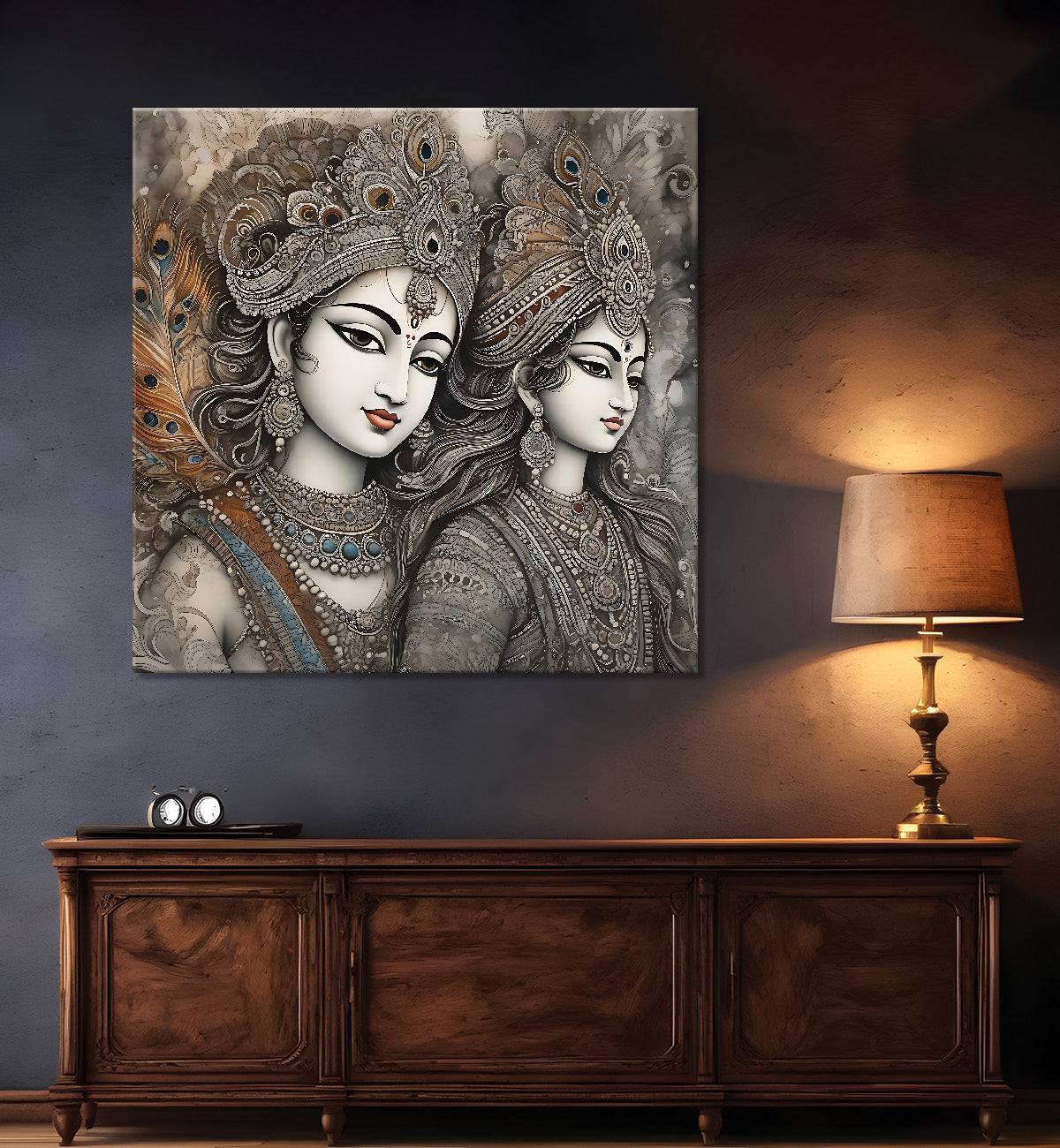 Krishna and Radha with grey and brown textured oil  Canvas Painting 24X24- Design - Krishna-S-44
