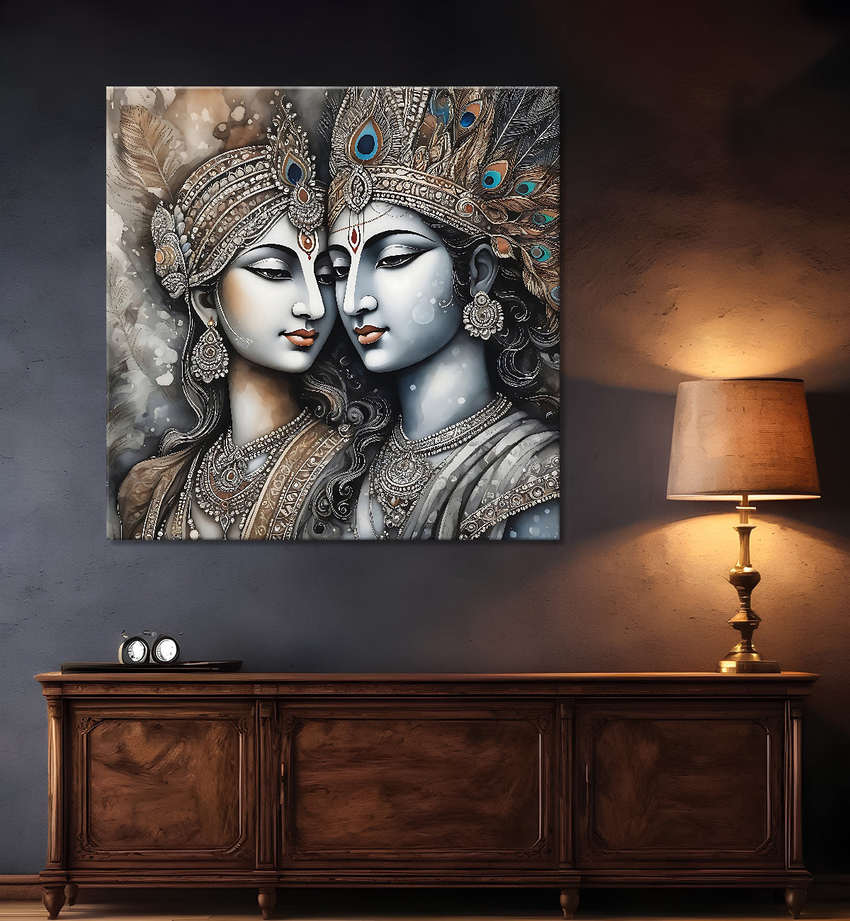 Krishna and Radha with grey and brown textured oil  Canvas Painting 24X24- Design - Krishna-S-45