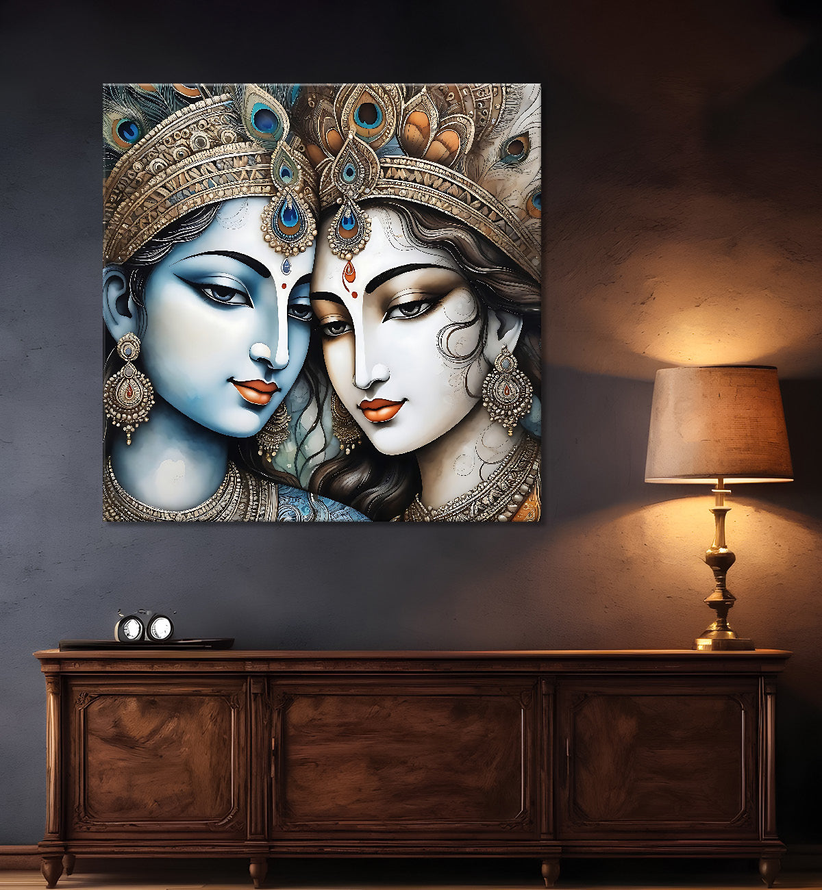 Krishna and Radha with grey and brown textured oil  Canvas Painting 24X24- Design - Krishna-S-46