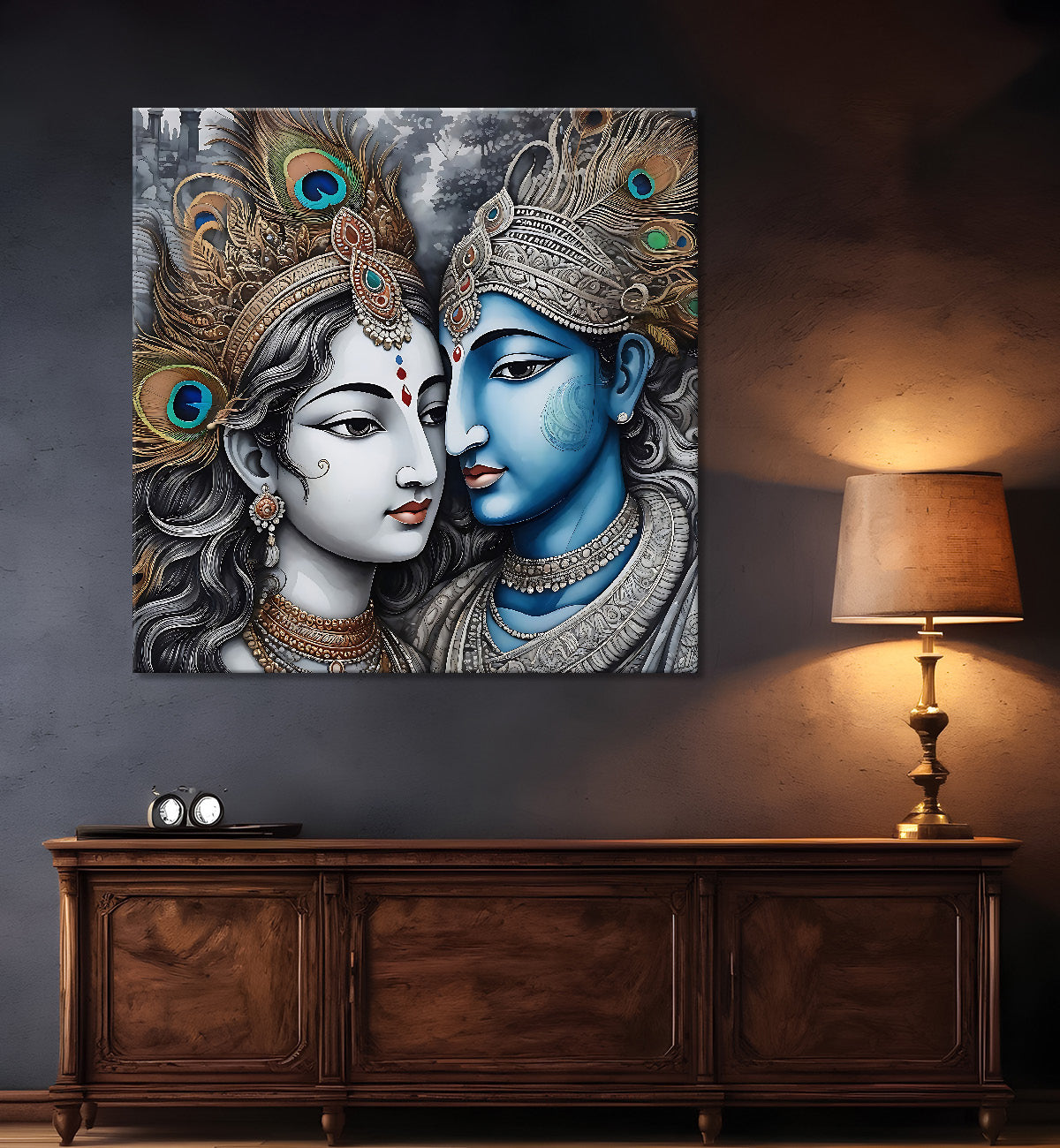 Krishna and Radha with grey and brown textured oil  Canvas Painting 24X24- Design - Krishna-S-47
