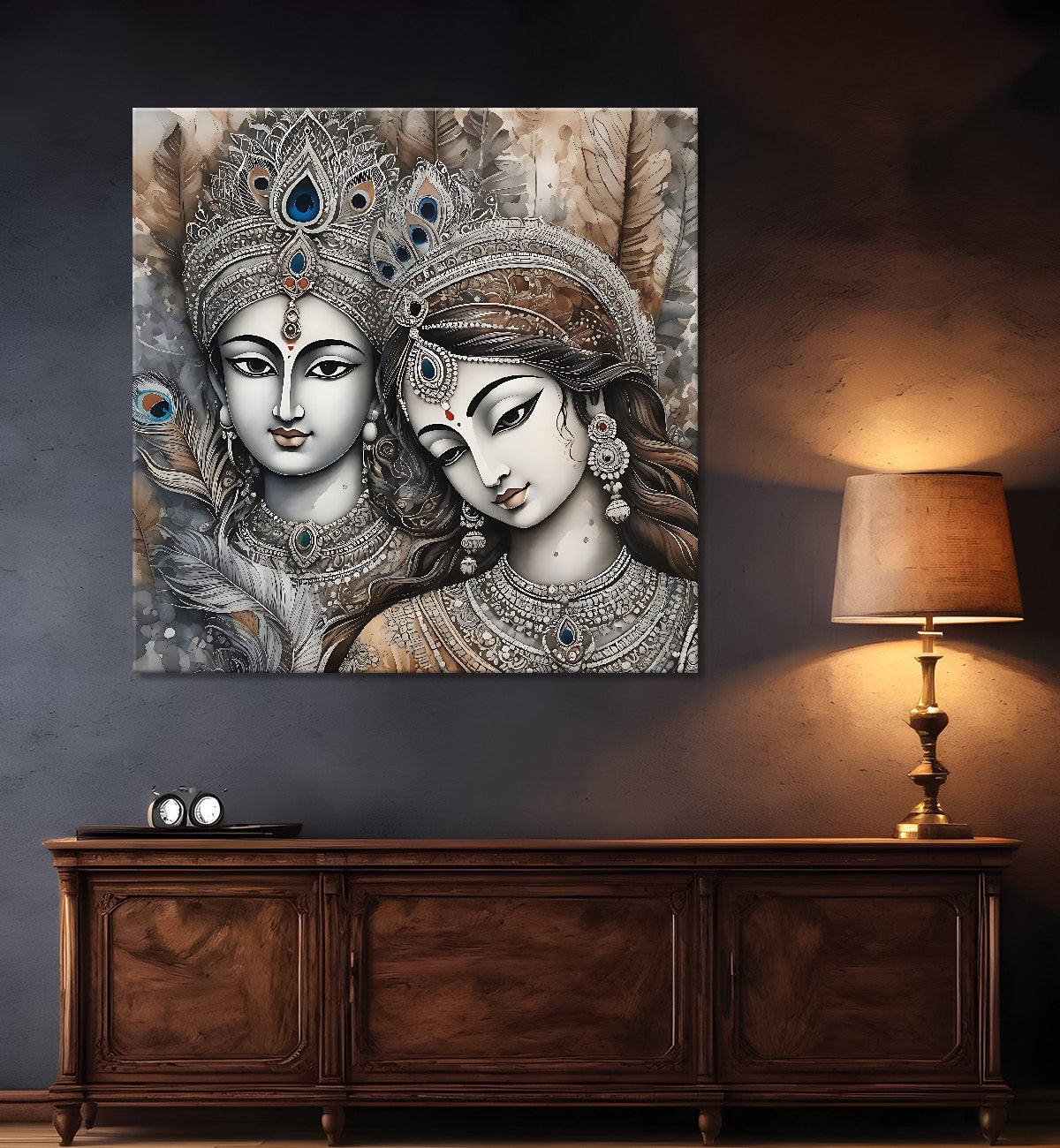 Krishna and Radha with grey and brown textured oil  Canvas Painting 24X24- Design - Krishna-S-48