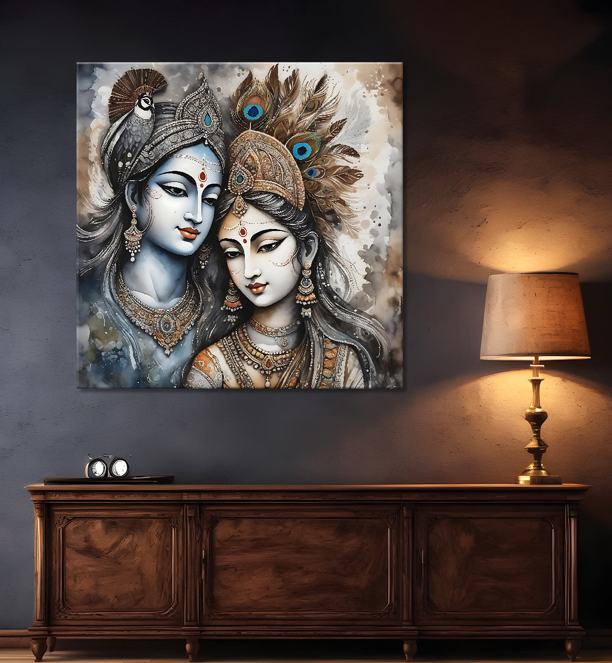 Krishna and Radha with grey and brown textured oil  Canvas Painting 24X24- Design - Krishna-S-49