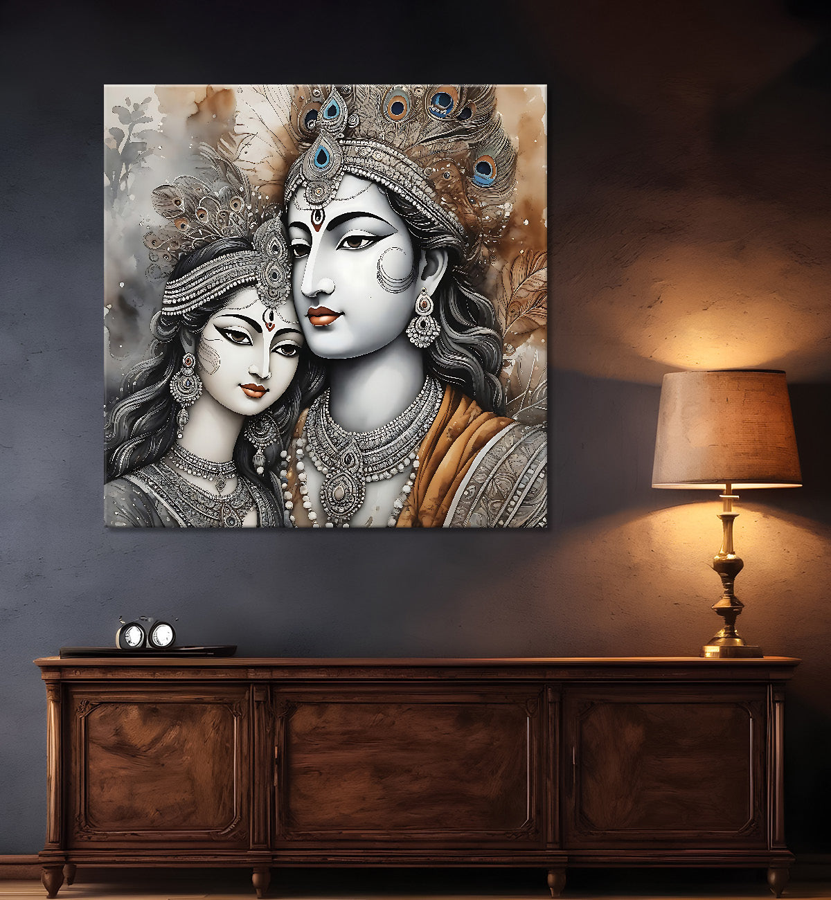 Krishna and Radha with grey and brown textured oil  Canvas Painting 24X24- Design - Krishna-S-50