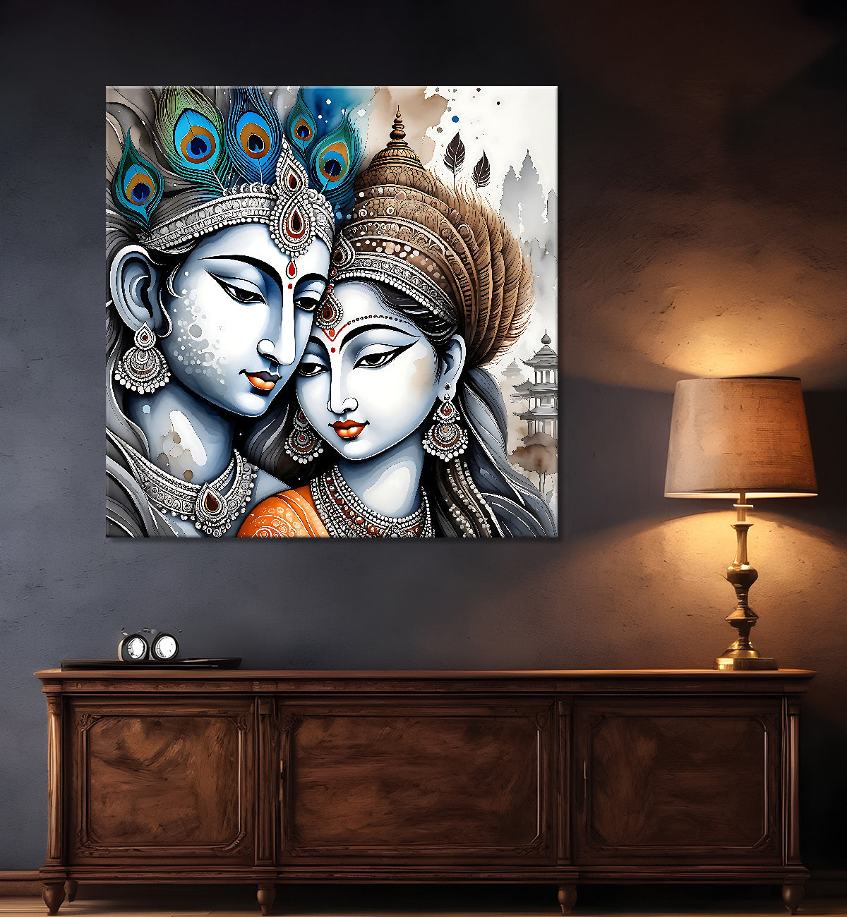 Krishna and Radha with grey and brown textured oil  Canvas Painting 24X24- Design - Krishna-S-51