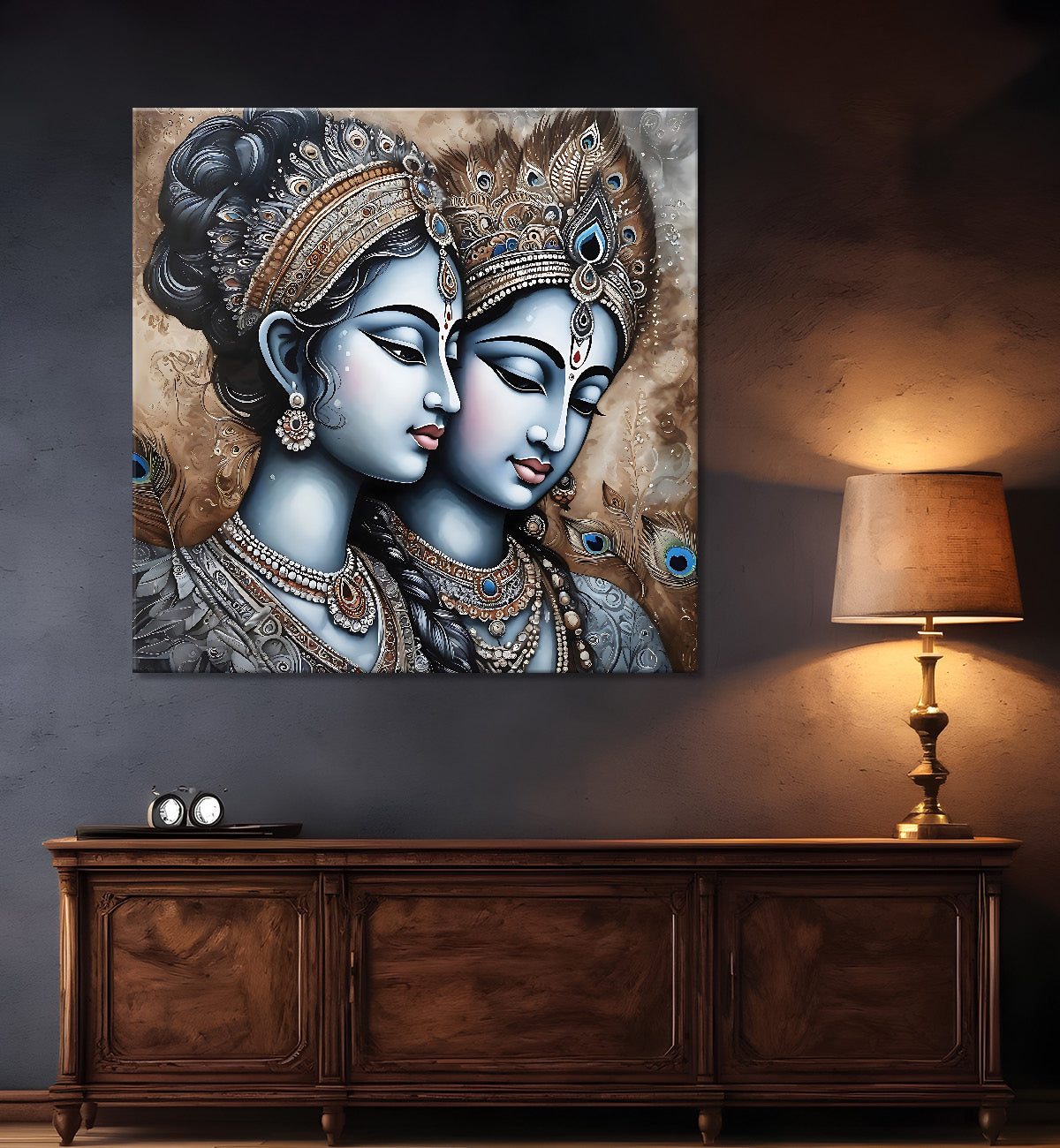 Krishna and Radha with grey and brown textured oil  Canvas Painting 24X24- Design - Krishna-S-52