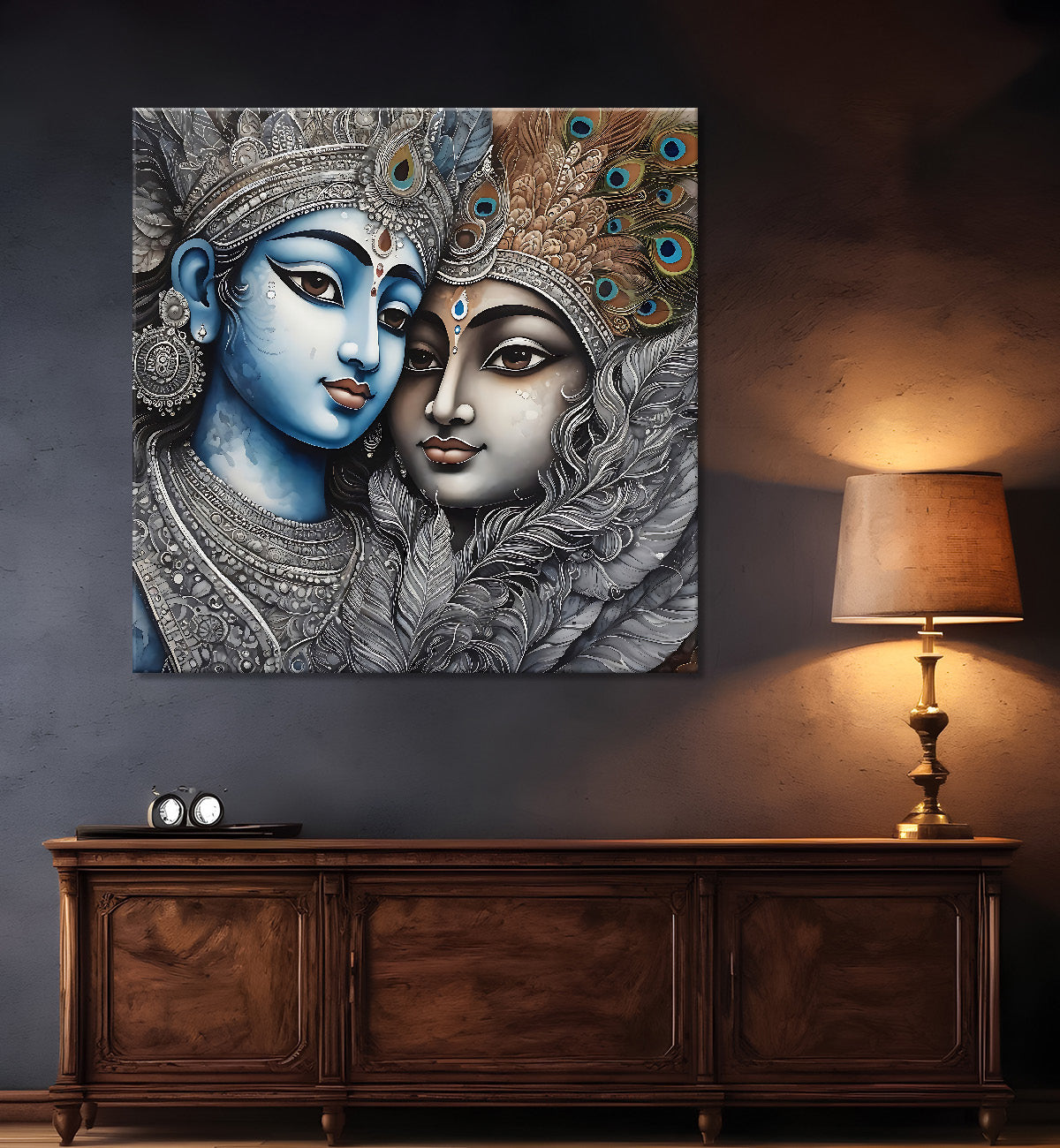 Krishna and Radha with grey and brown textured oil  Canvas Painting 24X24- Design - Krishna-S-53