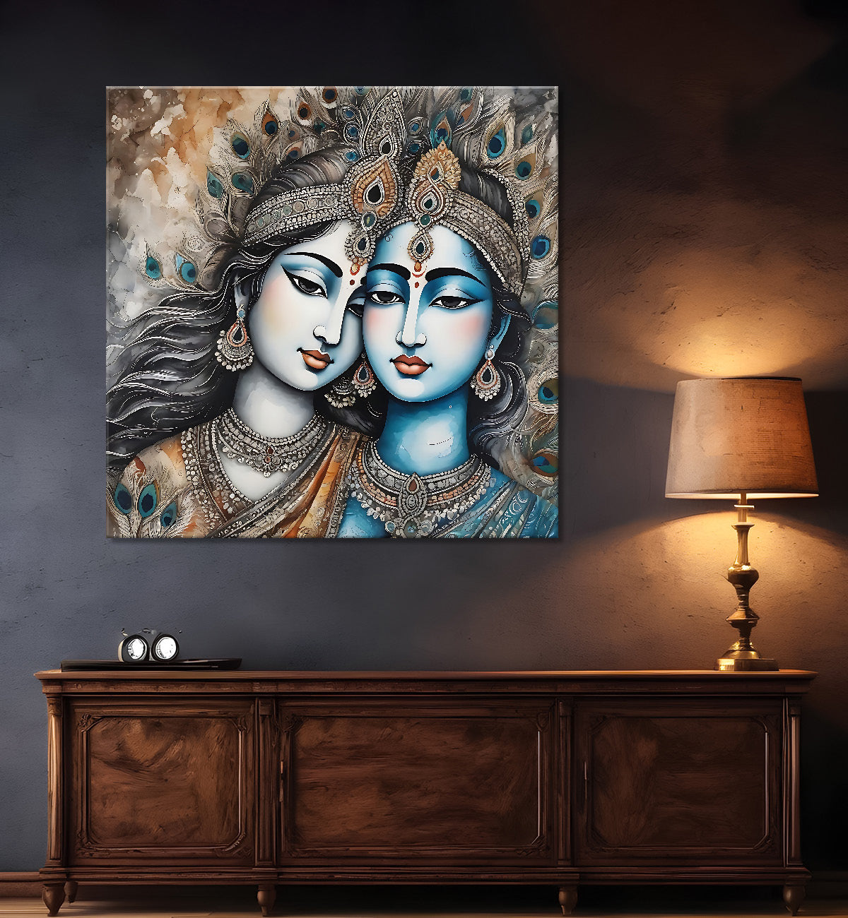 Krishna and Radha with grey and brown textured oil  Canvas Painting 24X24- Design - Krishna-S-54