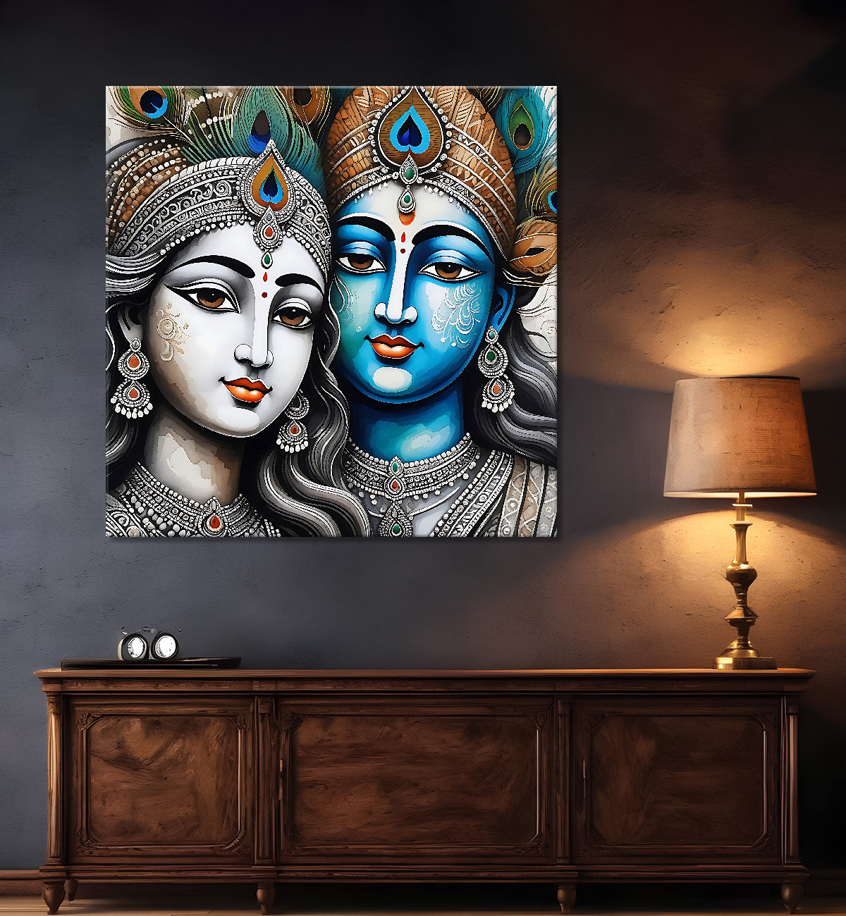 Krishna and Radha with grey and brown textured oil  Canvas Painting 24X24- Design - Krishna-S-55