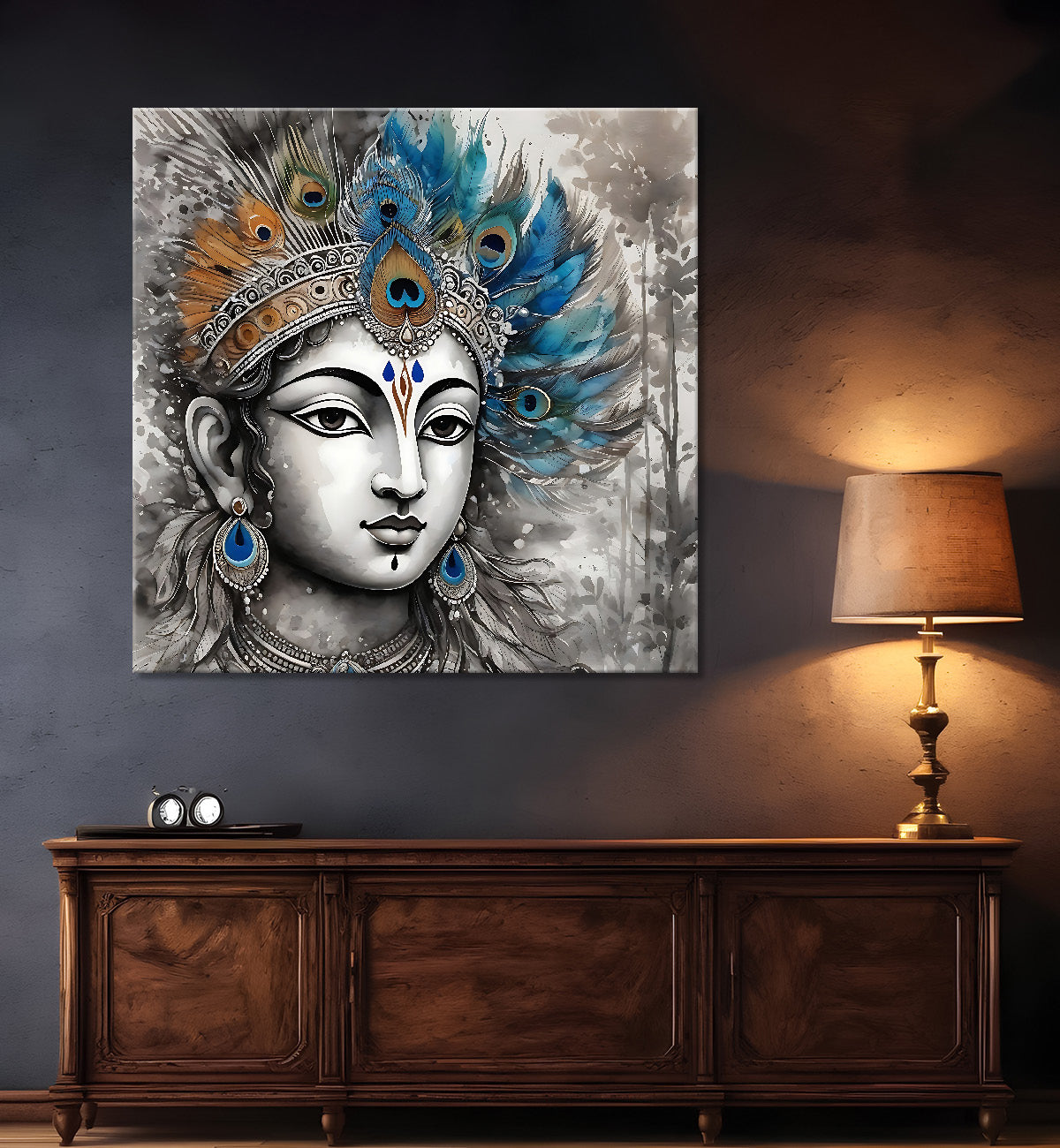 Krishna with grey and brown textured oil  Canvas Painting 24X24- Design - Krishna-S-57