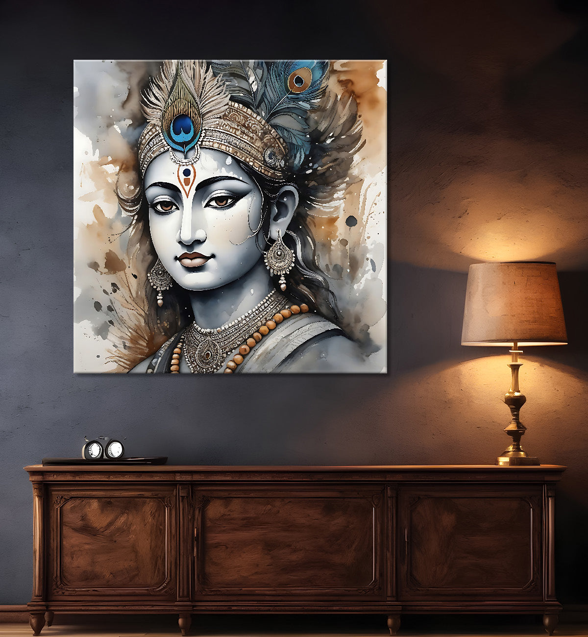Krishna with grey and brown textured oil  Canvas Painting 24X24- Design - Krishna-S-59
