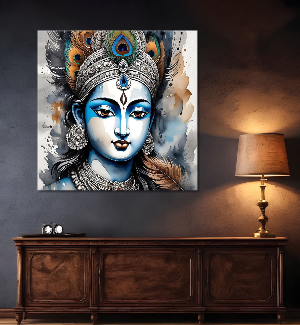 Krishna with grey and brown textured oil  Canvas Painting 24X24- Design - Krishna-S-60