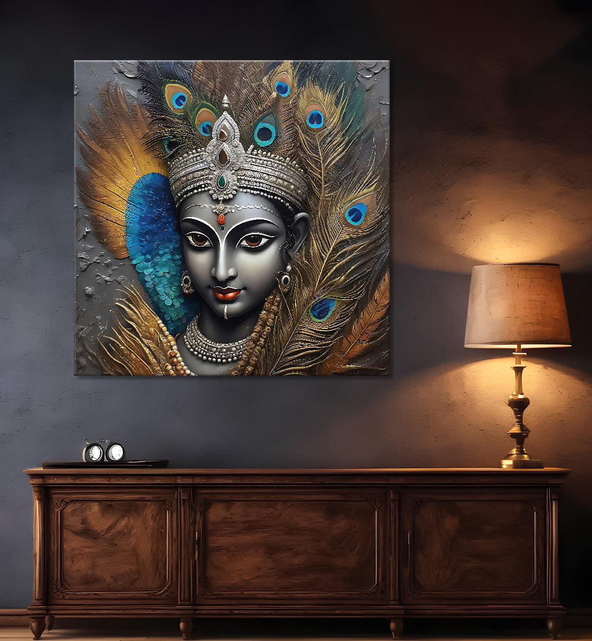 Krishna with grey and brown textured oil  Canvas Painting 24X24- Design - Krishna-S-61