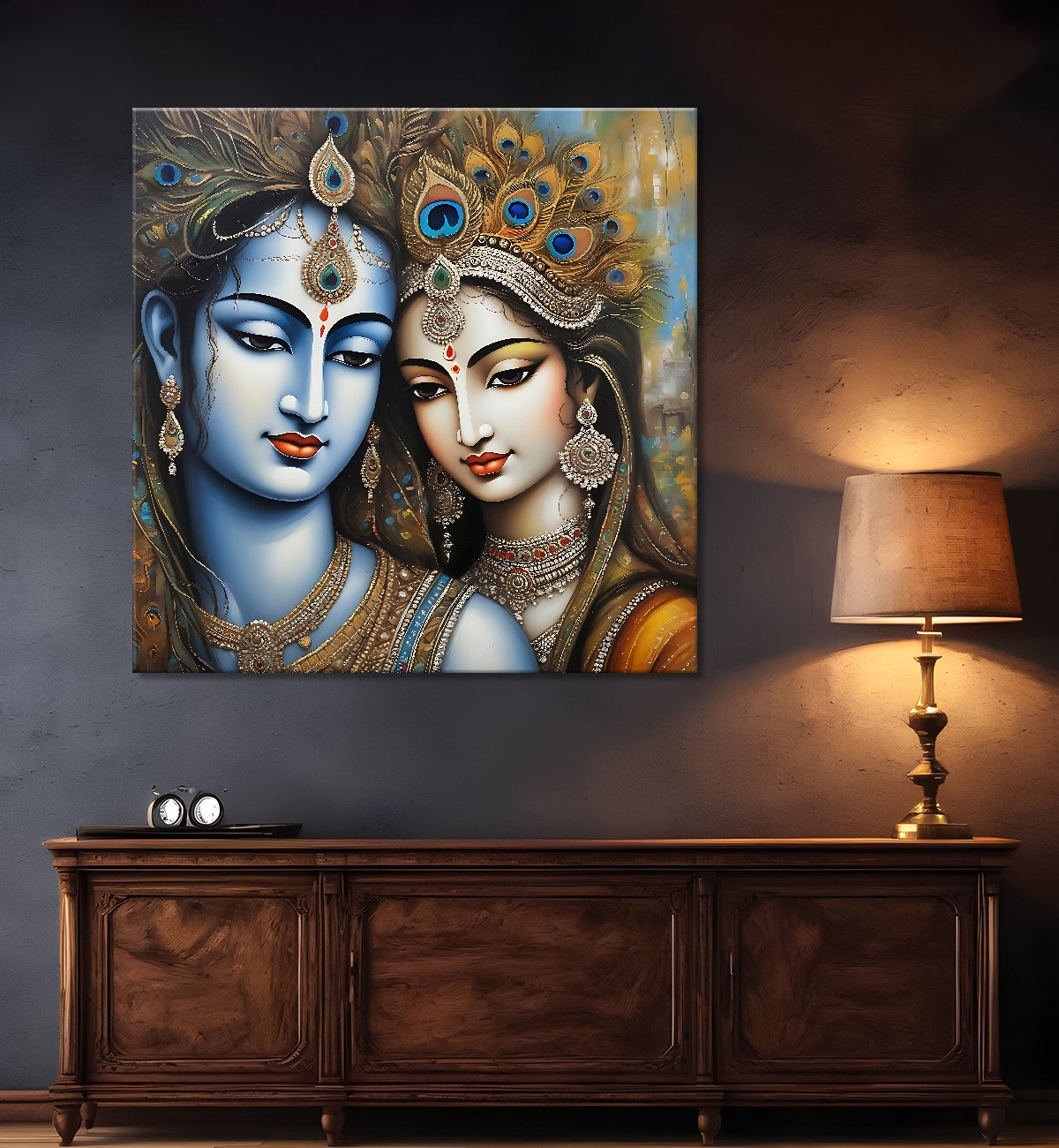 Krishna and Radha with grey and brown textured oil  Canvas Painting 24X24- Design - Krishna-S-63