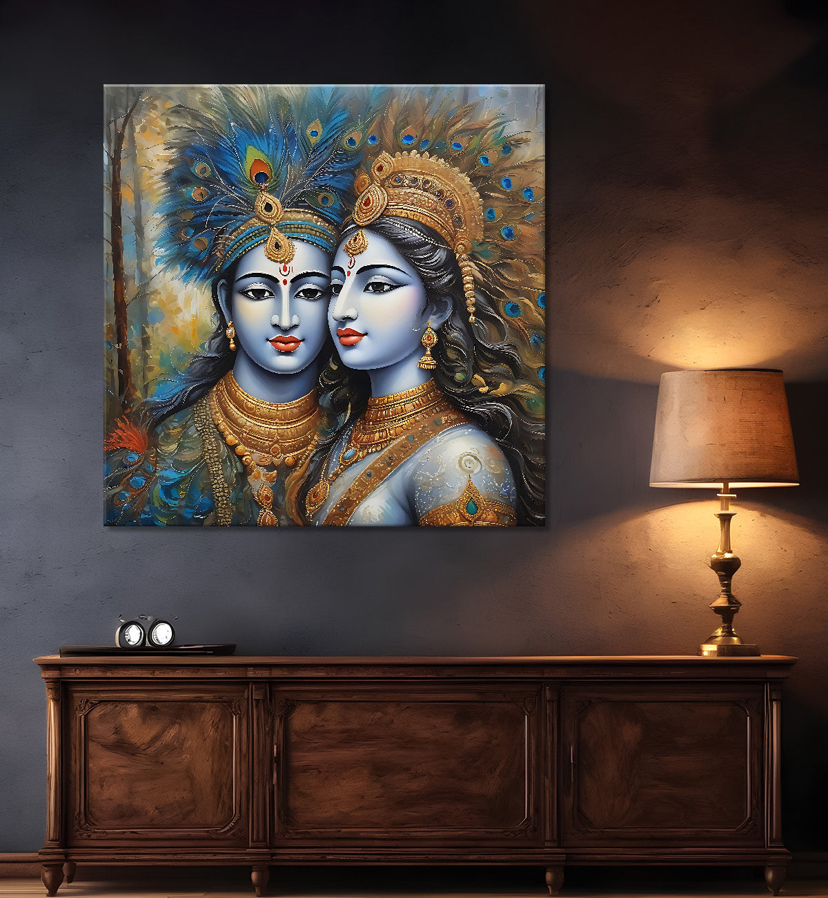 Krishna and Radha with grey and brown textured oil  Canvas Painting 24X24- Design - Krishna-S-64