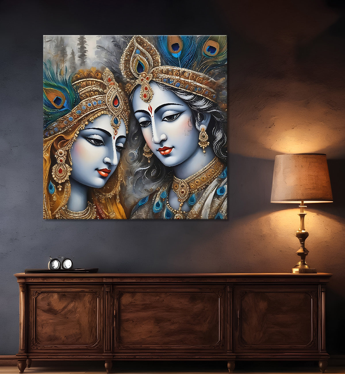 Krishna and Radha with grey and brown textured oil  Canvas Painting 24X24- Design - Krishna-S-65
