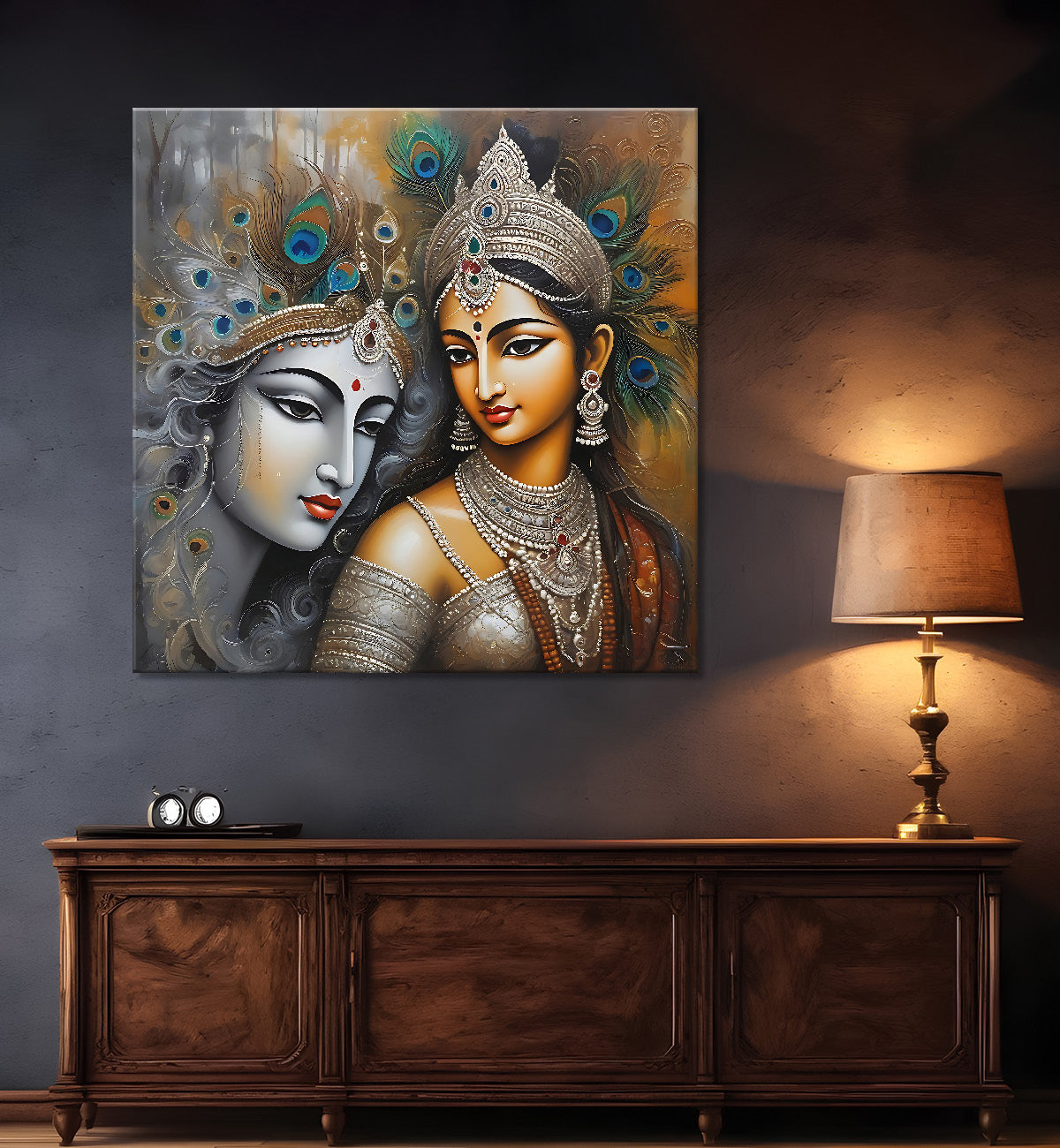 Krishna and Radha with grey and brown textured oil  Canvas Painting 24X24- Design - Krishna-S-66