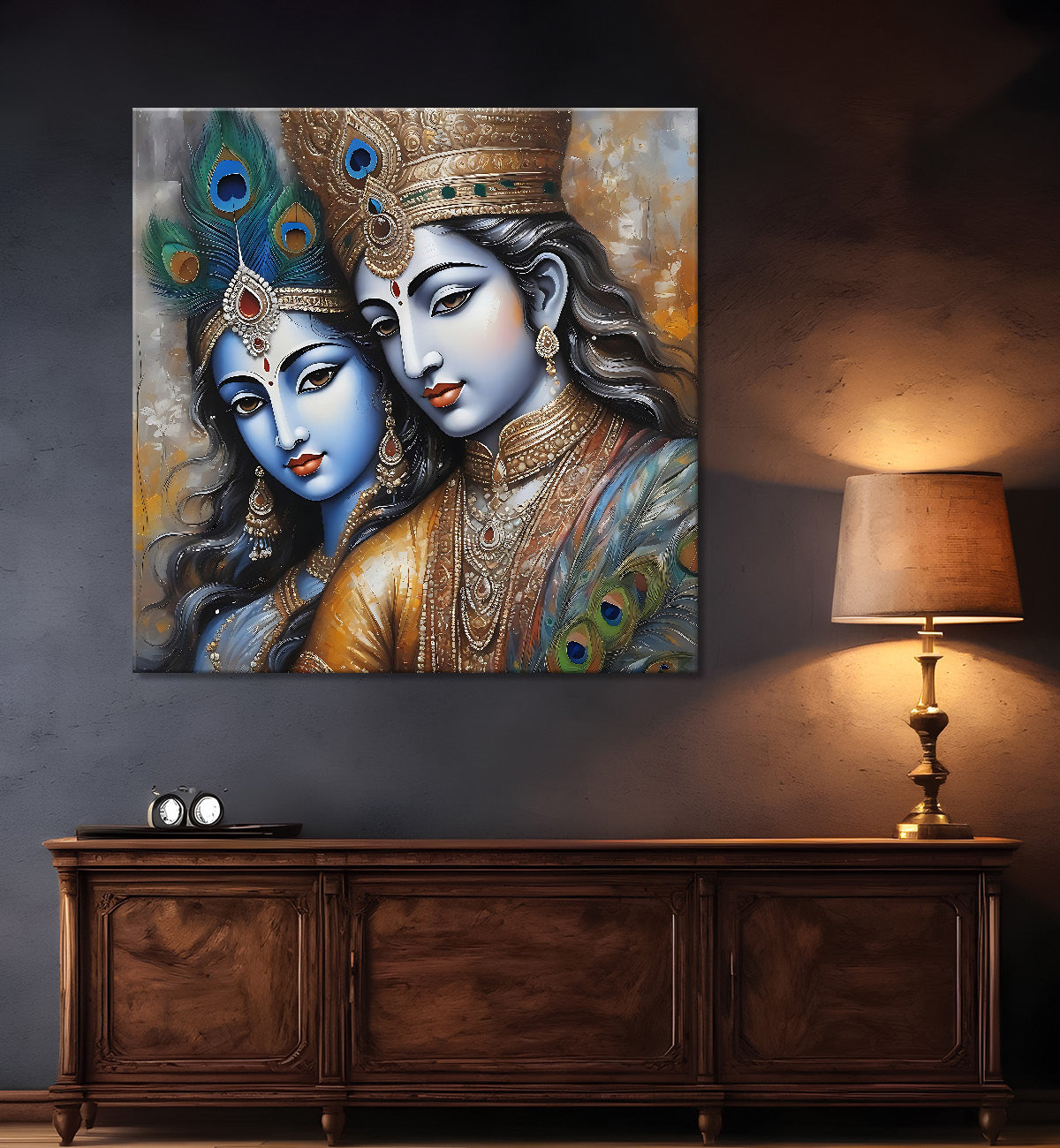 Krishna and Radha with grey and brown textured oil  Canvas Painting 24X24- Design - Krishna-S-67