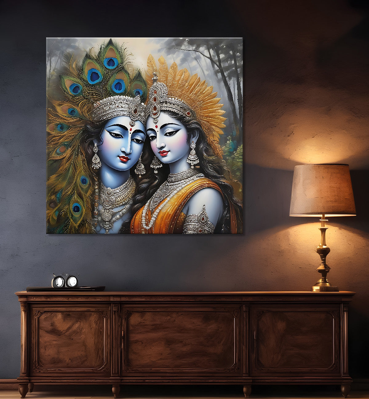 Krishna and Radha with grey and brown textured oil  Canvas Painting 24X24- Design - Krishna-S-68