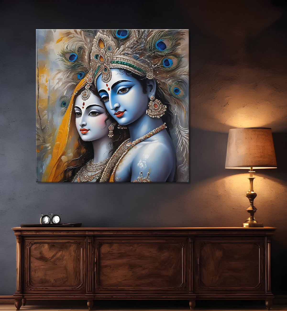 Krishna and Radha with grey and brown textured oil  Canvas Painting 24X24- Design - Krishna-S-69