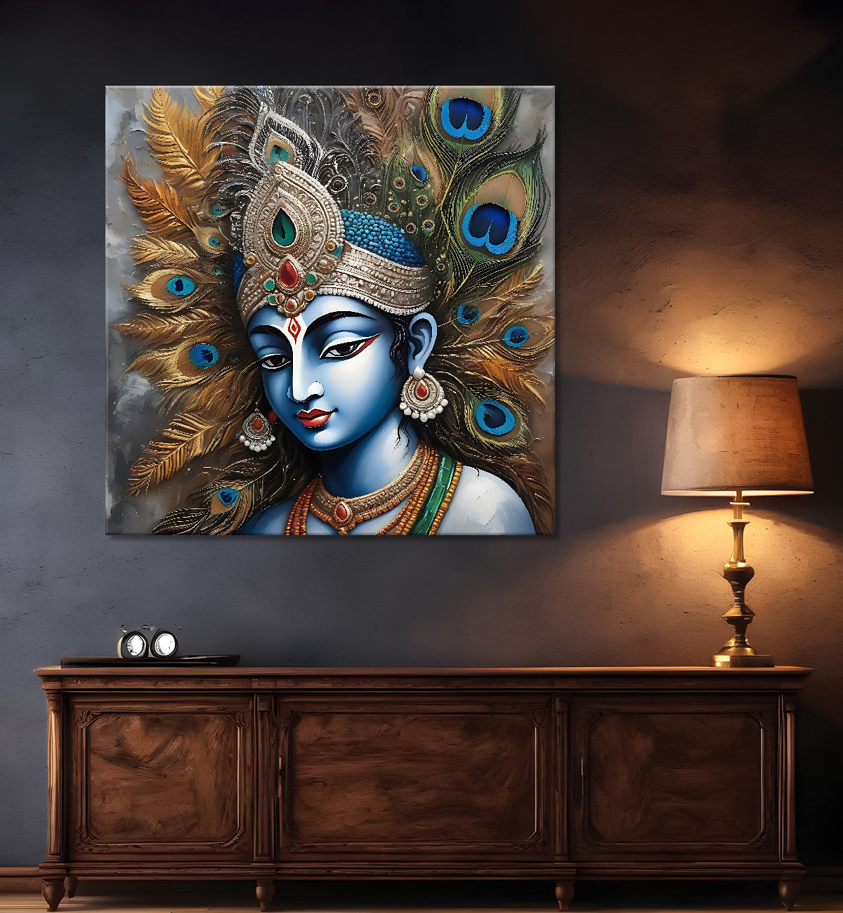 Krishna with grey and brown textured oil  Canvas Painting 24X24- Design - Krishna-S-70
