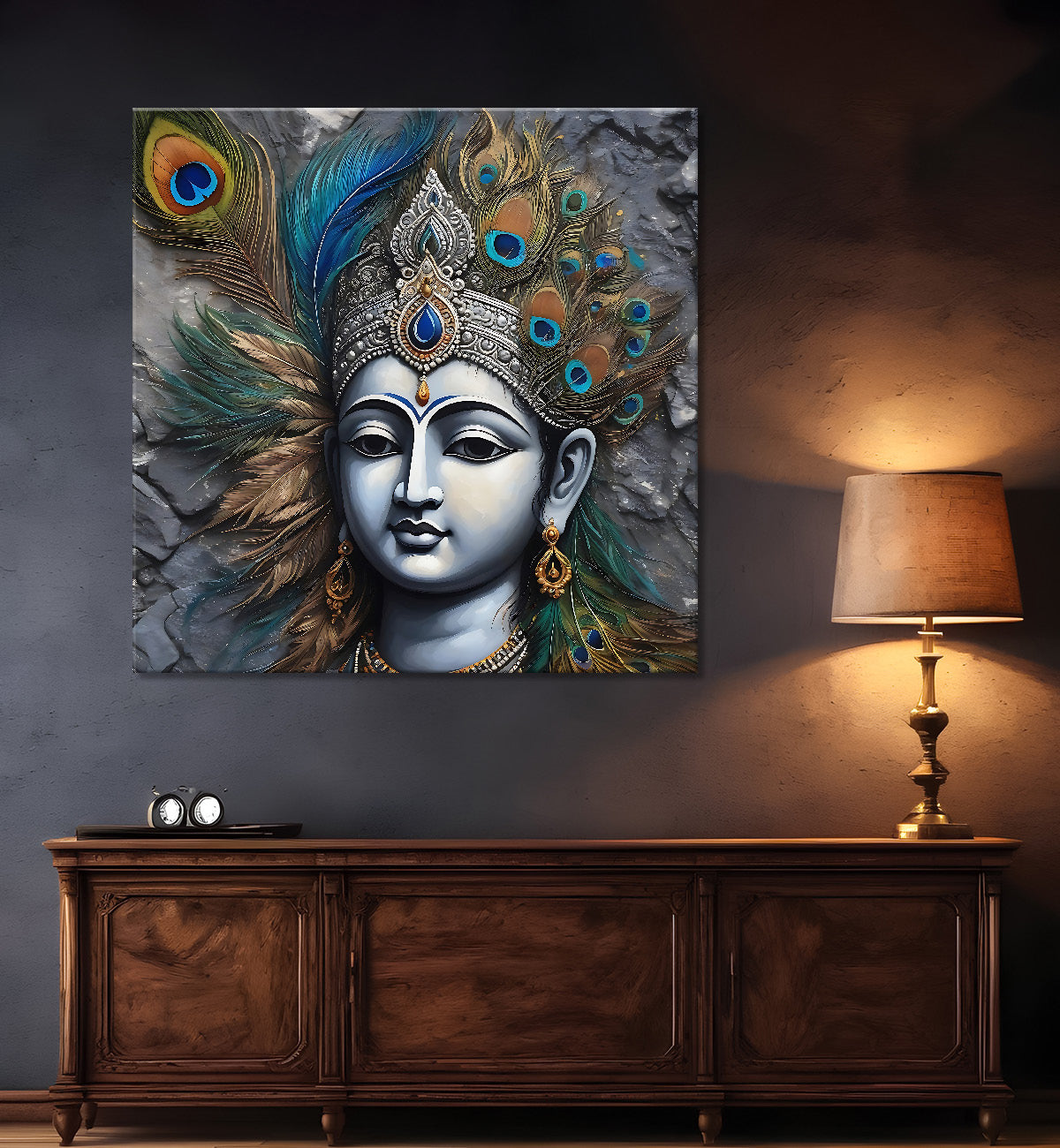 Krishna with grey and brown textured oil  Canvas Painting 24X24- Design - Krishna-S-71