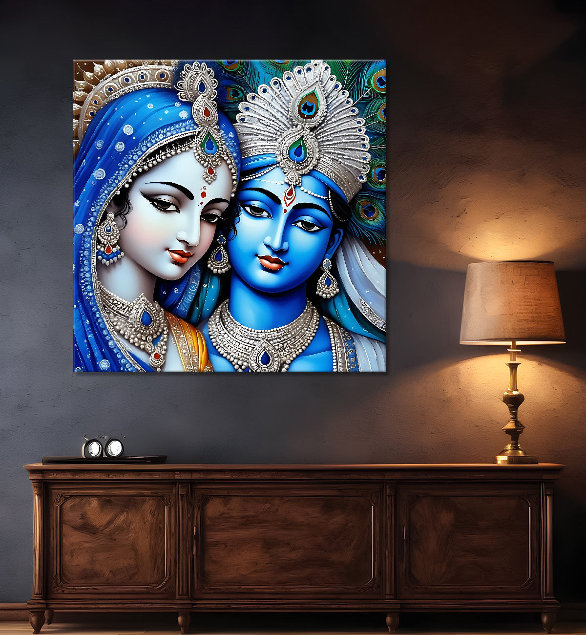Blue face of Krishna and Radha with blue textured in oil Canvas Painting 24X24- Design - Krishna-S-73