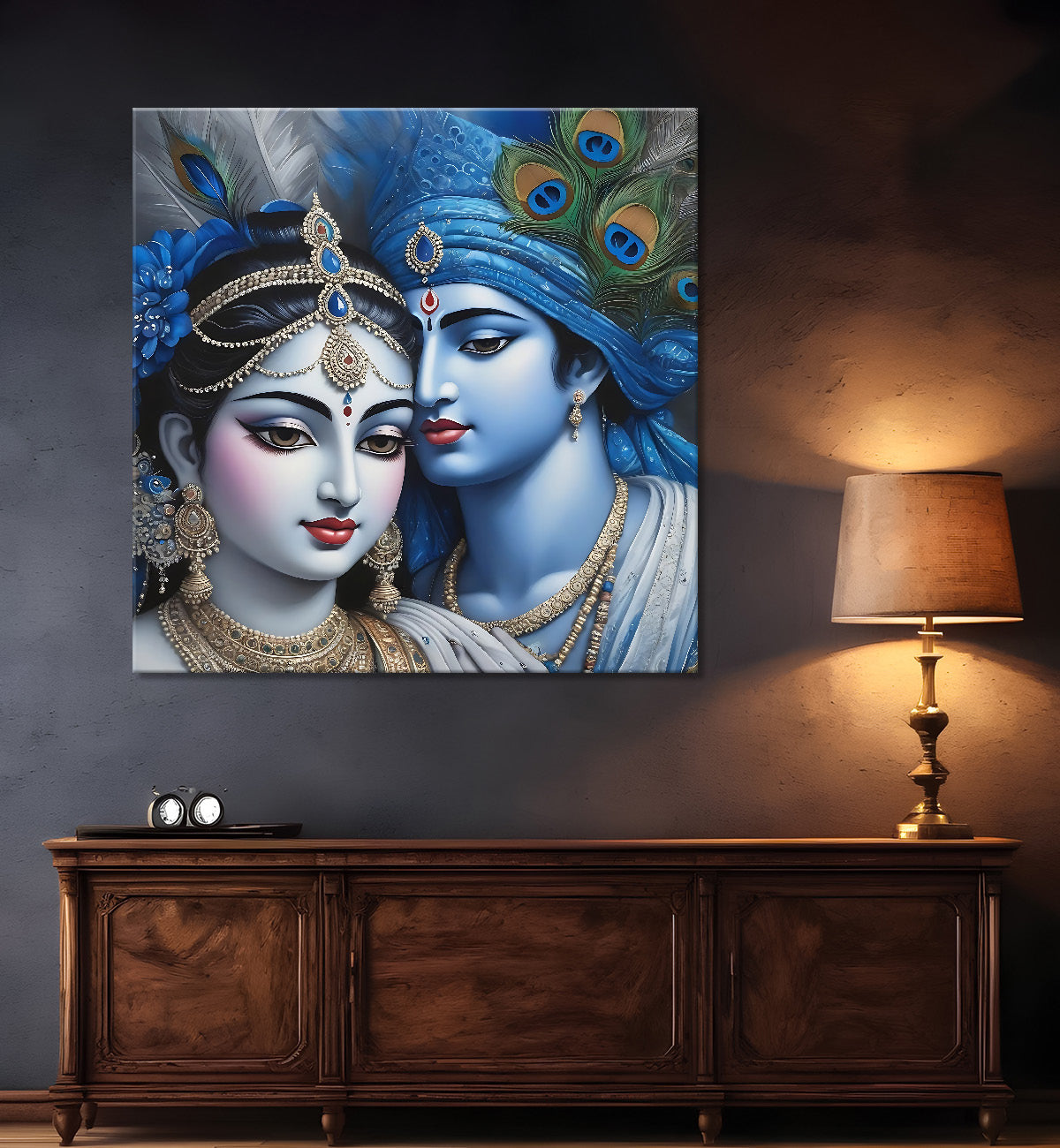 Blue face of Krishna and Radha with blue textured in oil Canvas Painting 24X24- Design - Krishna-S-74