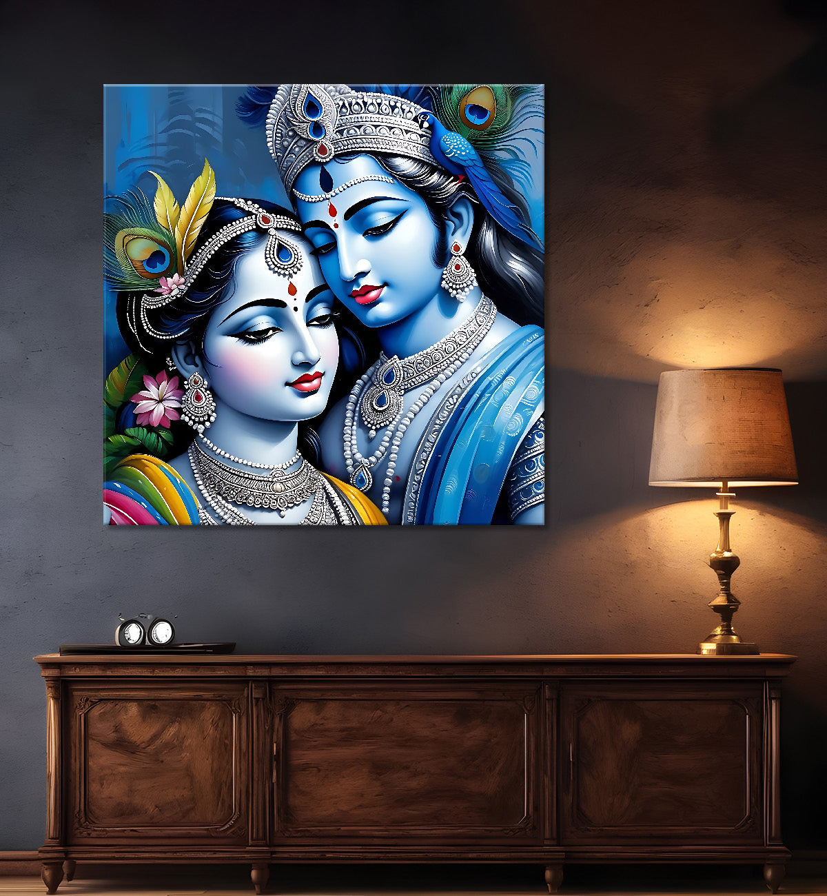 Blue face of krishna and radha with blue textured in oil painting Canvas Painting 24X24- Design - Krishna-S-75