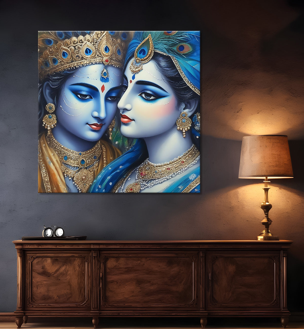 Blue face of krishna and radha with blue textured in oil painting Canvas Painting 24X24- Design - Krishna-S-76